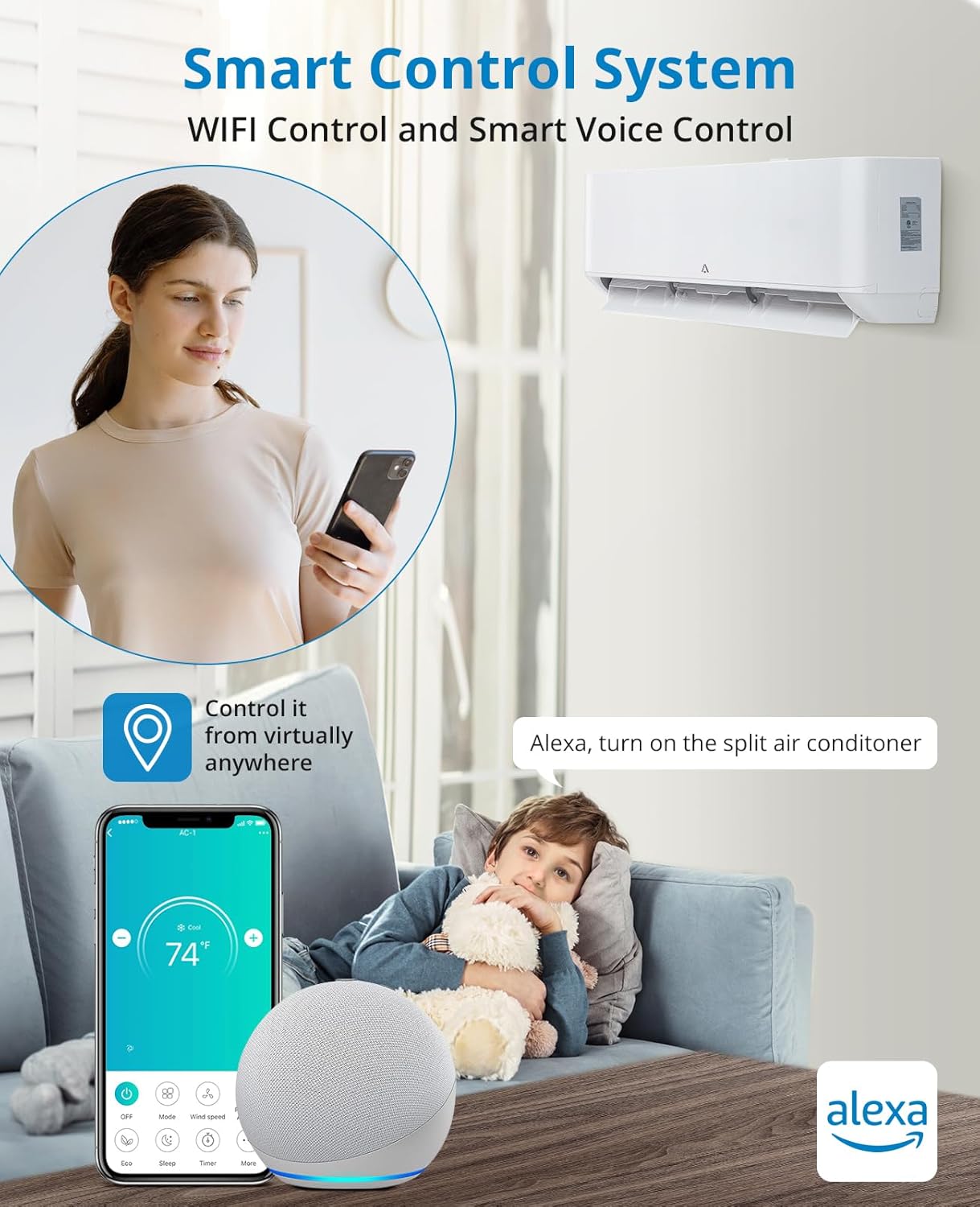 24,000 BTU Split-System Air Conditioner Inverter, Split AC/Heating System 23 SEER, Cools Room Up to 1500 Sq. Ft, Wall Mount Ductless Mini Split A/C Heat Pump Full Set with 16ft Installation Kit