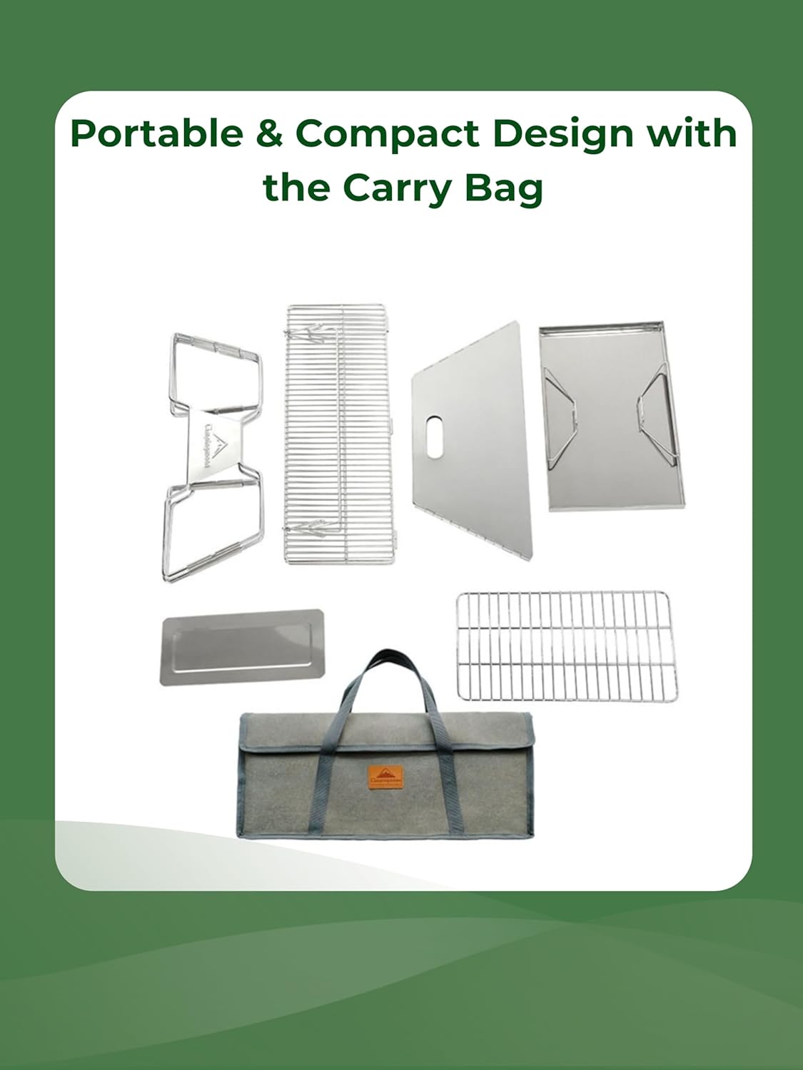 CAMPINGMOON Large Portable Campfire Fire Pit BBQ Grill Stainless Steel Foldable Collapsible Wood Burning Charcoal Grill for Heavy Duty Outdoor Cooking RV Camping, 20x13-inch, with Carry Bag MT-3