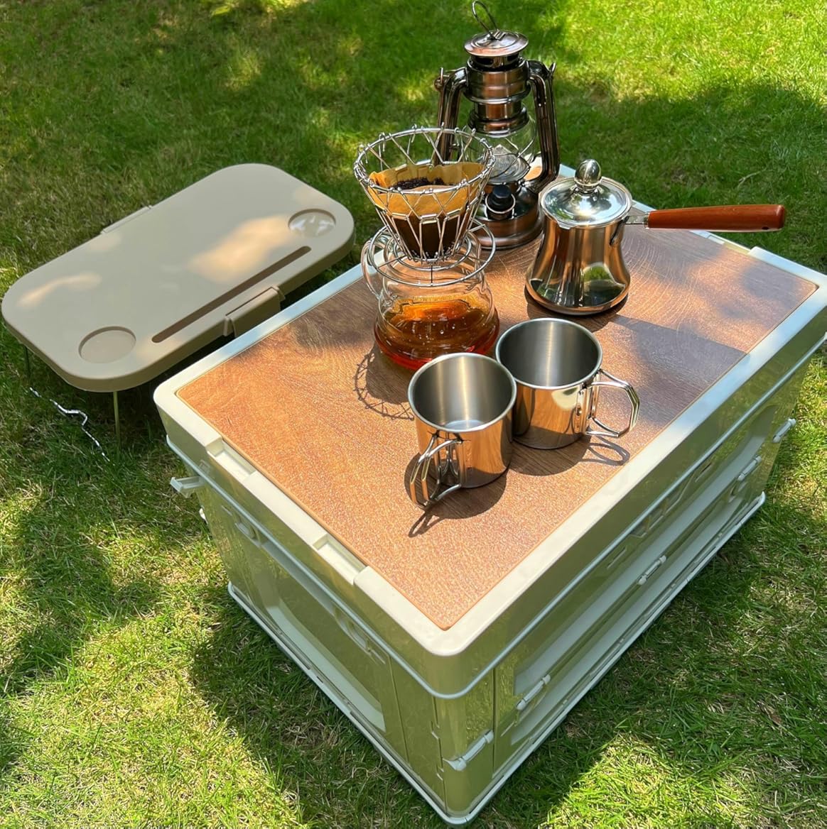 Folding Storage Camping Box with Wooden lids, 5 Sides can be Opened,Trunk Organizer for Outdoor Picnic, Car,Camping Essential(60L)