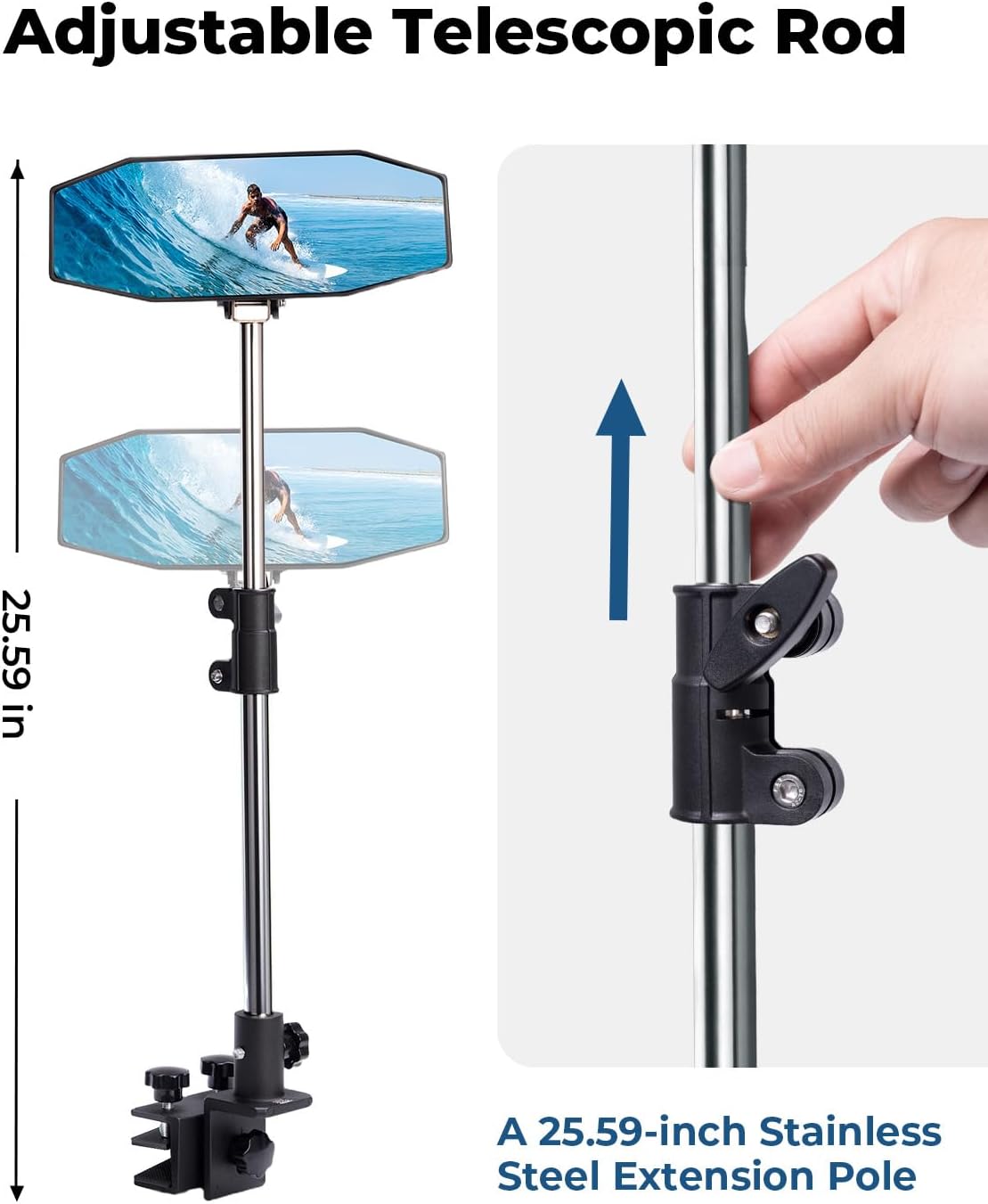 KEMIMOTO Pontoon Boat Mirror Rear View with Telescoping Pole, 10.5“ x 4” Extra Large 360° Adjustable Marine Mirror for Pontoon Rail or Bimini Top, Ski Boats Water Skiing, Pontoon Boat Accessories