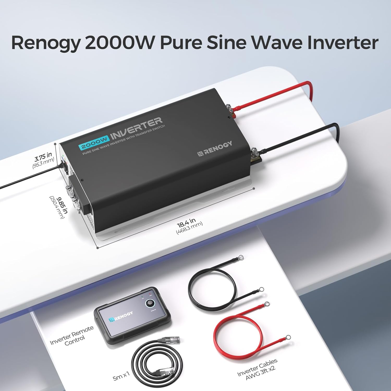 Renogy Inverter PUH 2000W Pure Sine Wave Inverter 12V to 110V with Built-in Auto Transfer Switch and Bluetooth Module, Solar Power Inverters for Vehicles, RV, Marine, Home, Camping, Remote Control