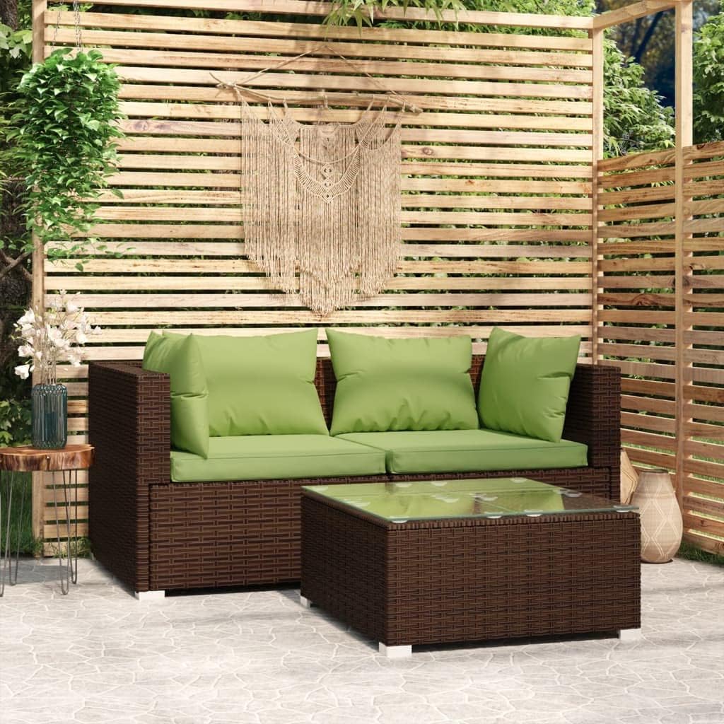 3 Piece Patio Lounge Set with Cushions Brown Poly Rattan,Brown Rattan Patio Lounge Set with Green Cushions for Outdoor Comfort Patio Furniture Sets, Outdoor Furniture Sets