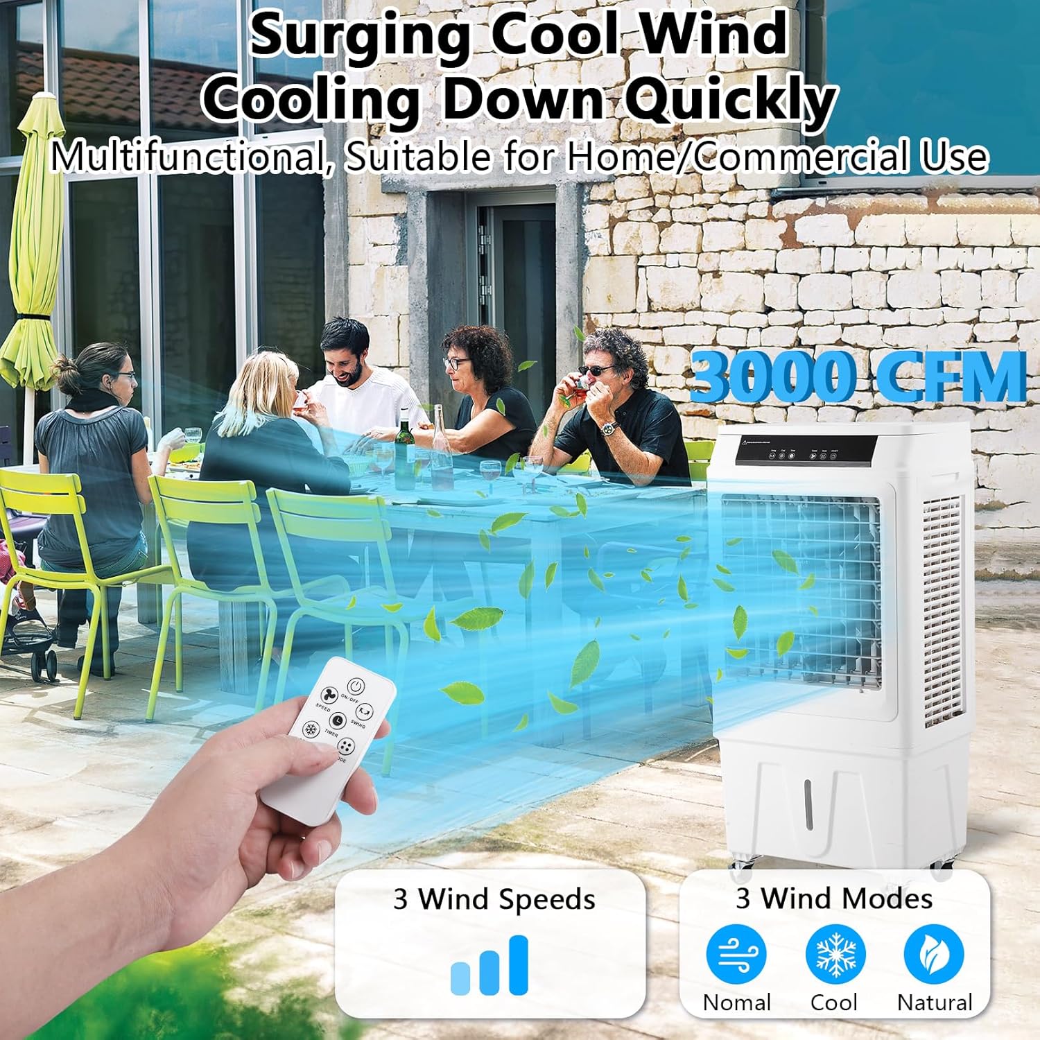 Portable Evaporative Cooler, 3000 CFM Air Cooler, 120° Oscillation Swamp Cooler with Remote Control, 3 Wind Speeds, 10.3 Gallons Water Cooler Fan with 450 Sq. Ft. Coverage