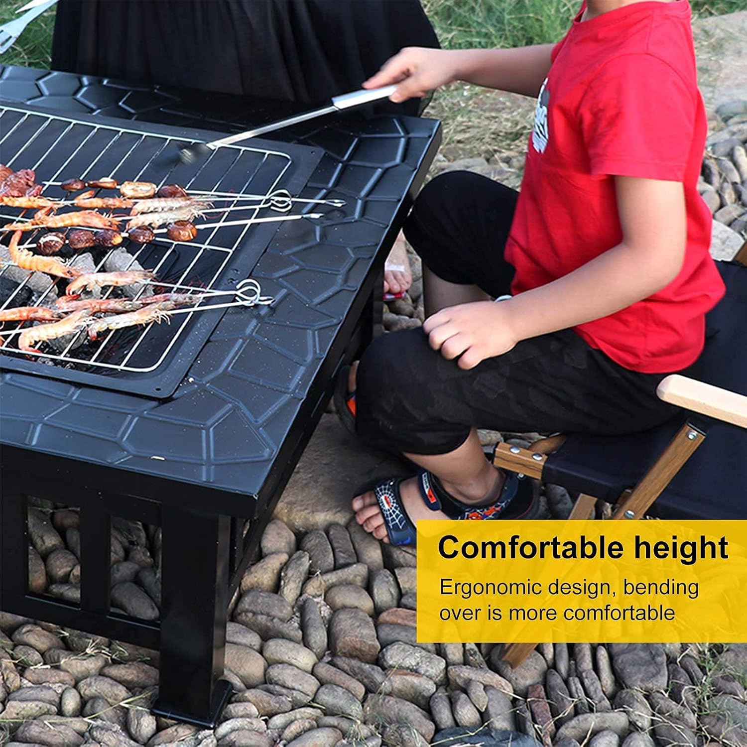 Outdoor Fire Pits for Garden with Uprights Rotisserie,Square Firebowls with Grill,3 in 1 Fire Pit Table/Heaters/Ice Pit for Patio Camping Bonfire,with Mesh Cover Grill Charcoal Nets Poker