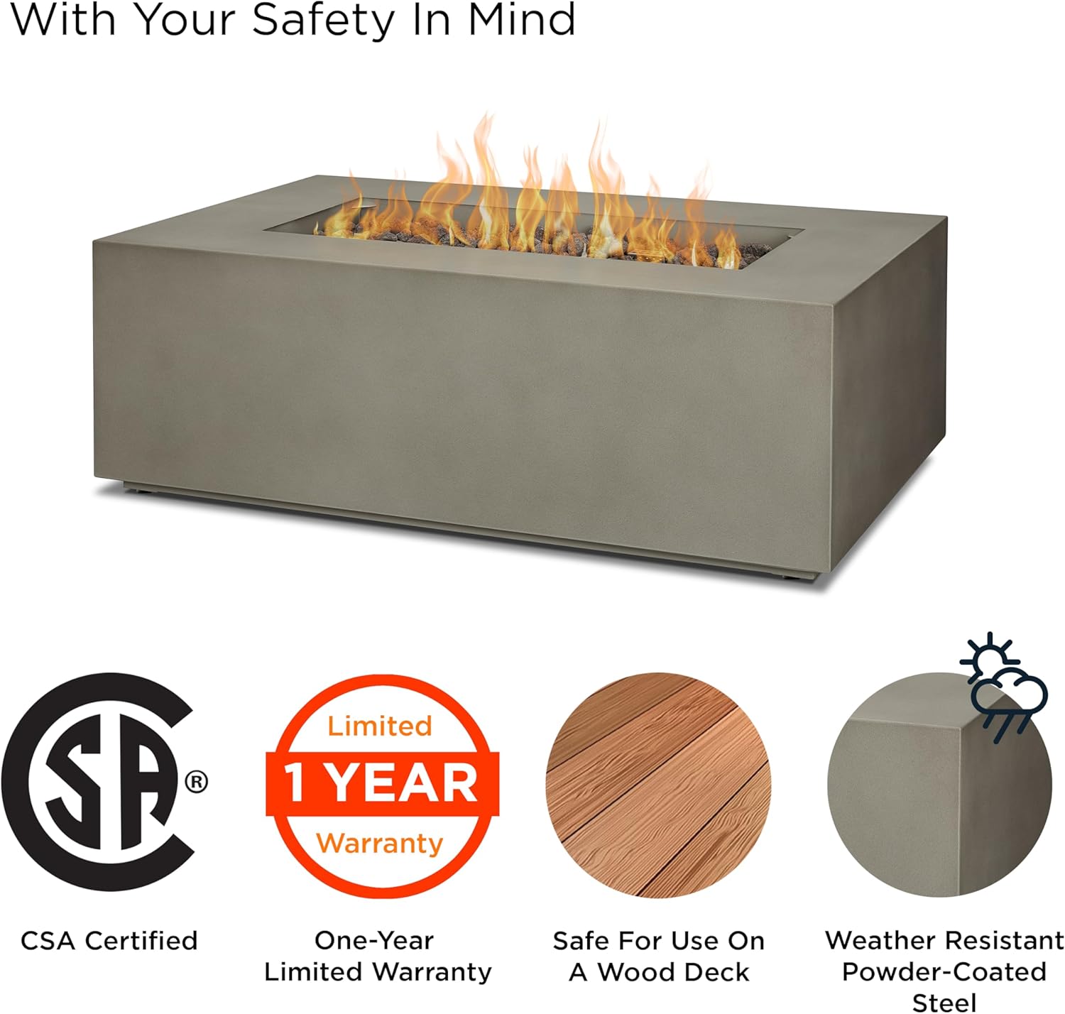 Real Flame Aegean 42in Rectangle Propane or Natural Gas Fire Pit Table, 50,000 BTU, Powder-Coated Steel, Push-Button Ignition, CSA Certified, Lava Rock, Storage Cover, Stainless Steel Burner with Lid