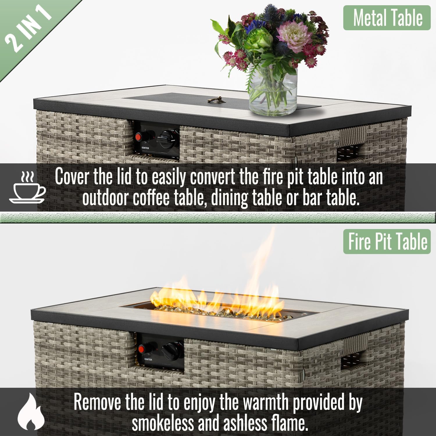 50000BTU 32-inch Rectangular Steel Propane Fire Pit Table with Ceramic Top PE Rattan Finish Beige Electronic Ignition Rain Cover Glass Rocks Included