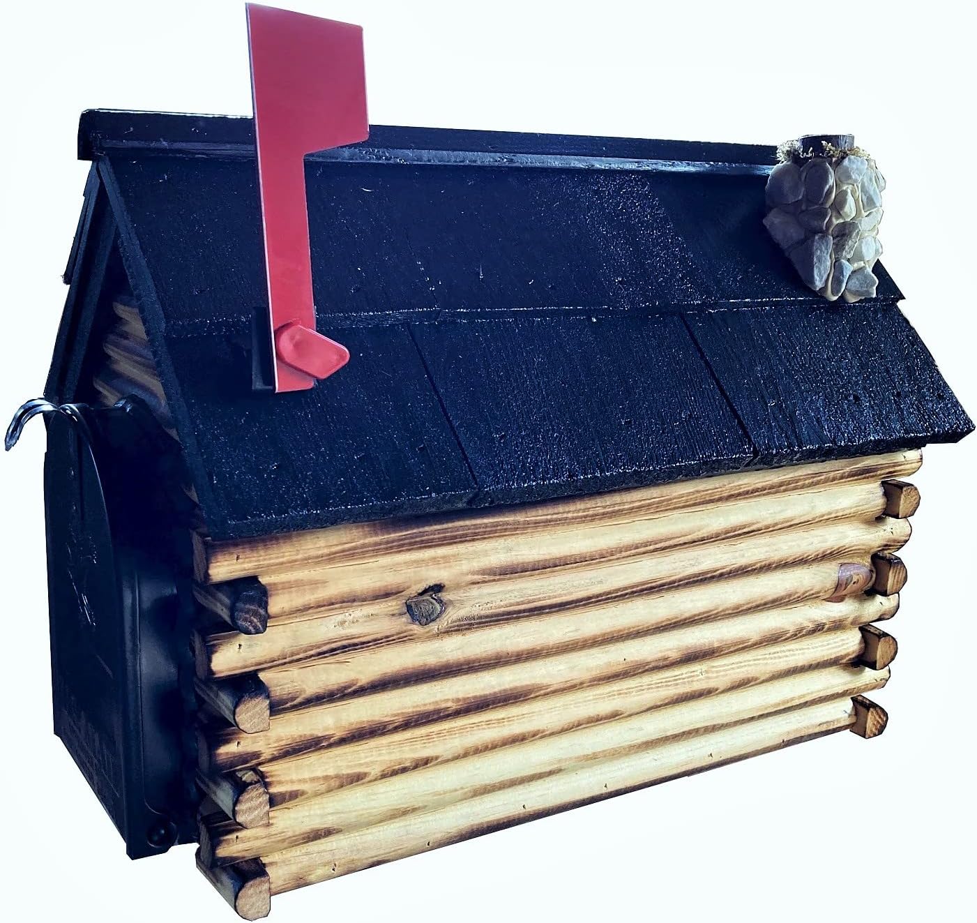 Log Cabin with Stone Chimney Wooden Mailbox Black Roof Amish Made in USA