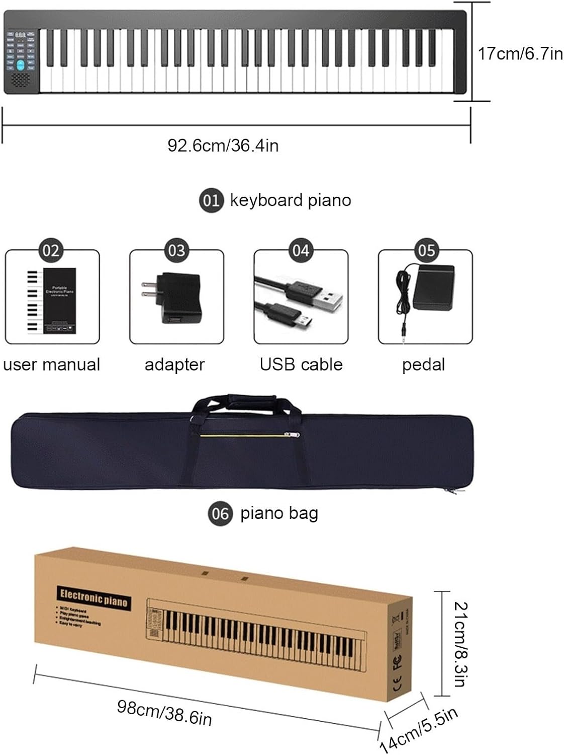 61-Key Full Size Digital Piano Portable Electric Keyboard Piano Built-in Speaker Support Bluetooth MIDI Connection Include Sustain Pedal, Carry Bag For Beginners