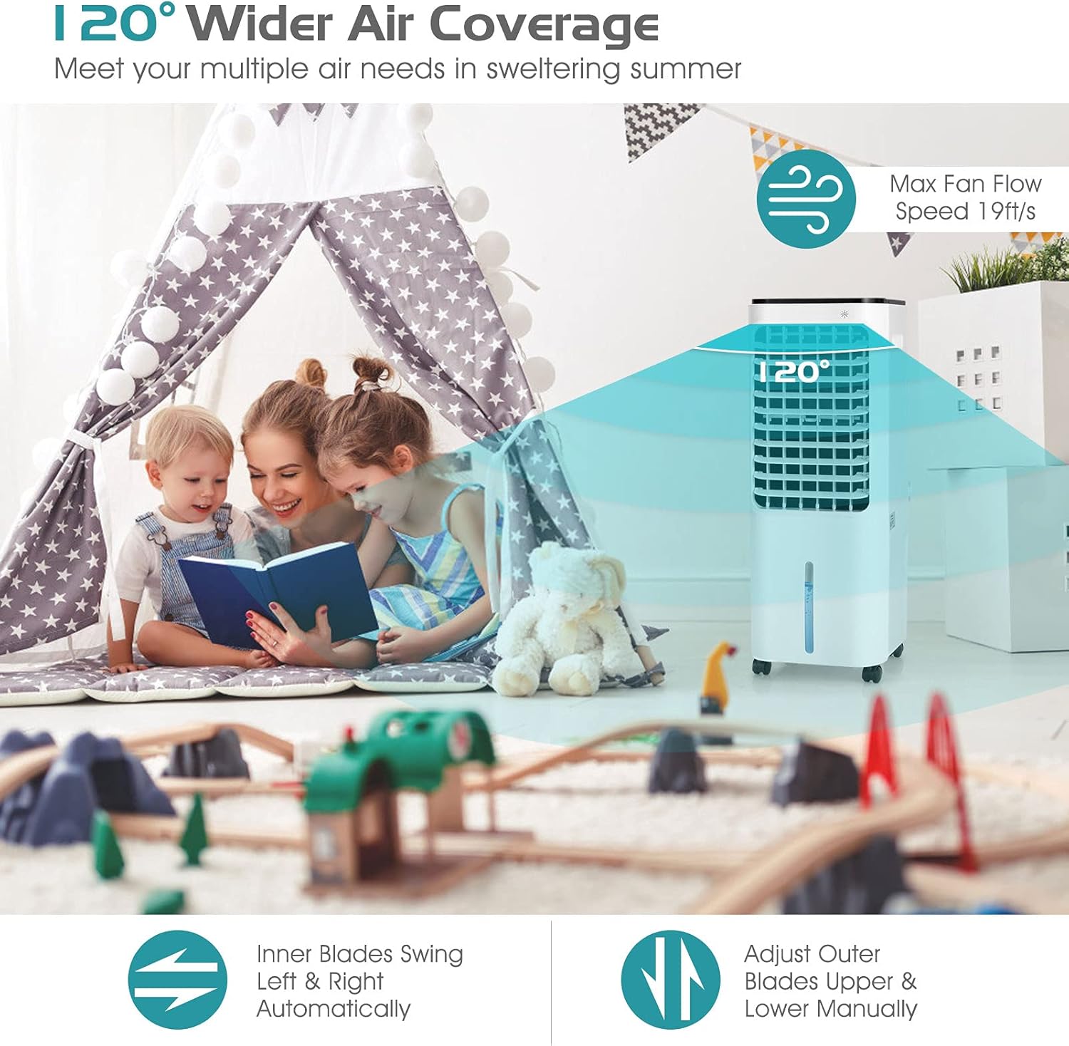 KOTEK 4-In-1 Evaporative Air Cooler, Portable AC Fan with 4 Modes, 3 Speeds, 7H Timer, 12L Water Tank 4 Ice Packs & Remote Control, Air Conditioner Fan for Home Office Indoor Use