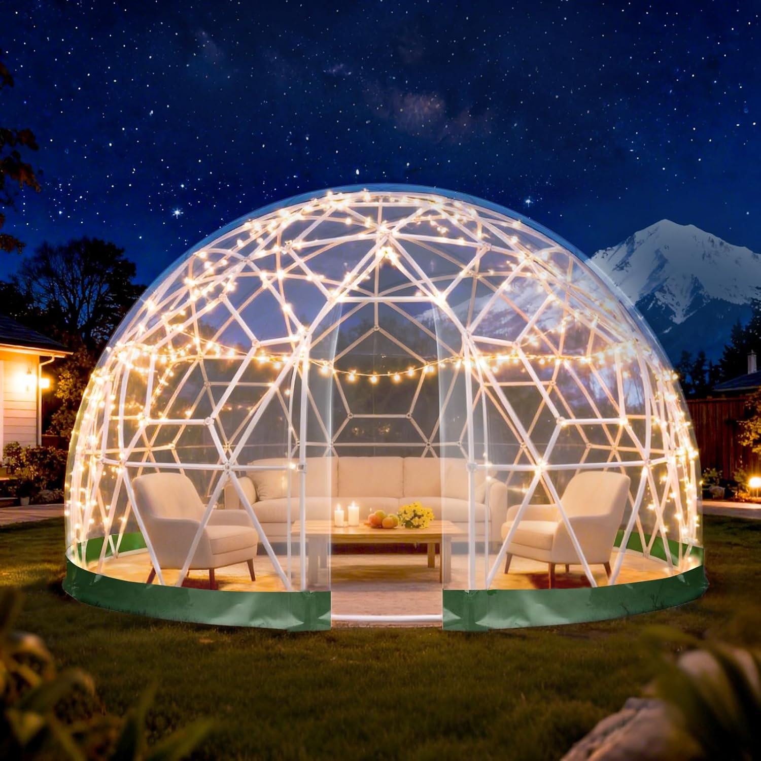 Garden Dome Tent 15*9.5FT, 360° View Geodesic Dome Greenhouse with PVC Clear Cover, Waterproof Garden Bubble Dome Tent House with 2 x 10M Light Strings for Outdoor, Green