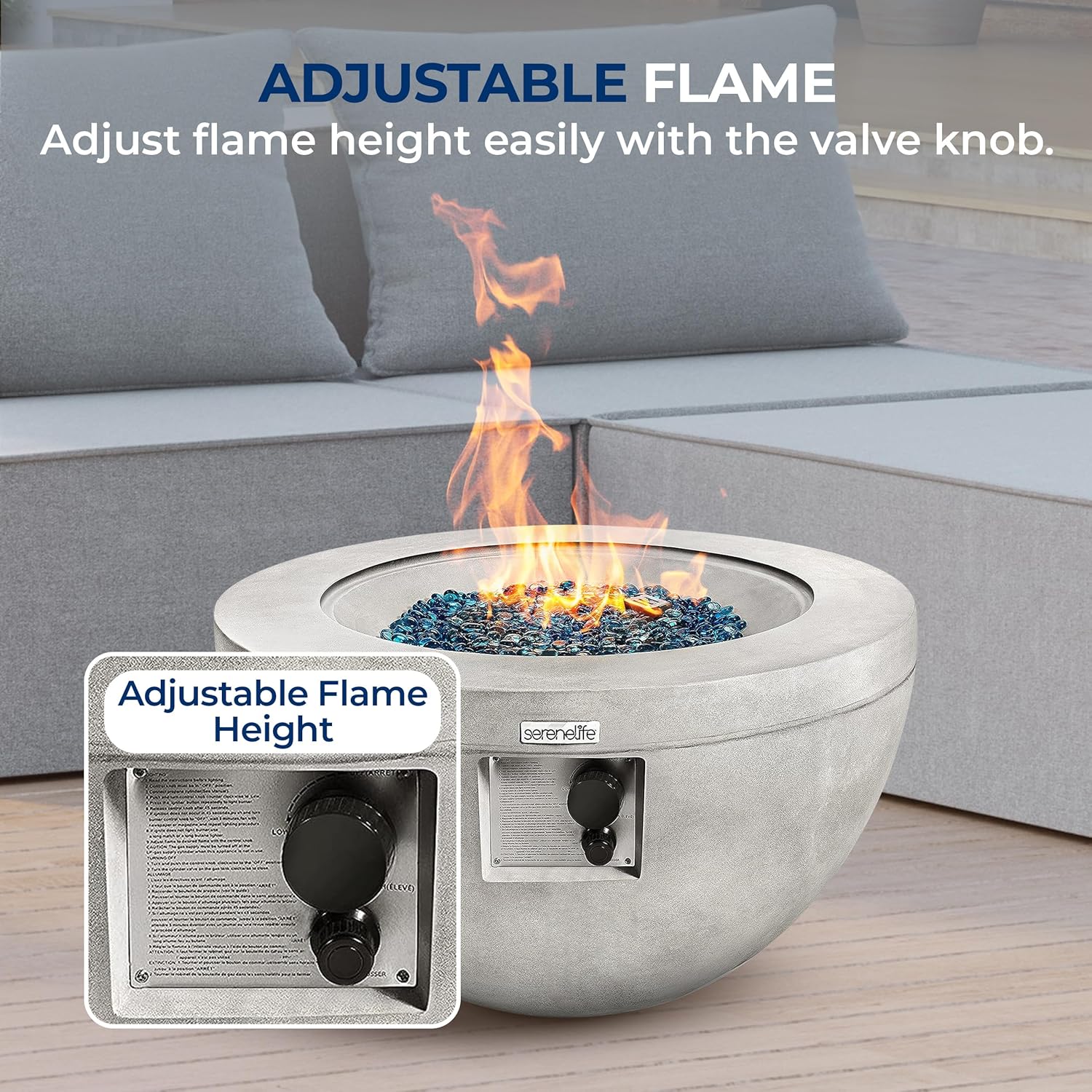 SereneLife 40,000 BTU Propane Fire Pit Table, Round Gas Fire Table with Adjustable Flame Height, Weather Resistant, Blue Glass Rocks, Safe and ETL Certified for Outdoor Use, 30