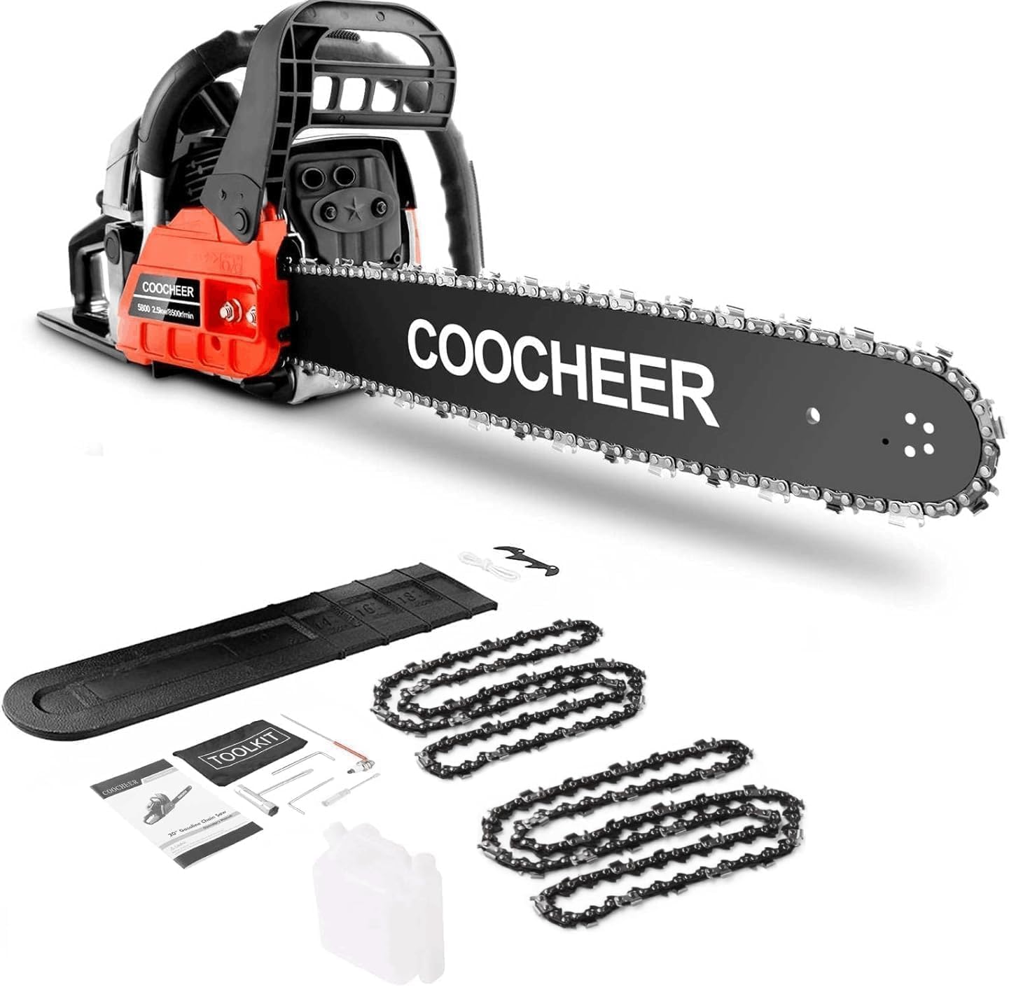 COOCHEER Gas Chainsaw 20 Inch 62CC, 3.5 HP 2-Stroke Gas Chain Saw Gas with 2 Chains and Tool Kit, Woodcutting Saw Power Chain saw for Tree Felling, Tree Stumps, and Firewood Cutting, Red Black