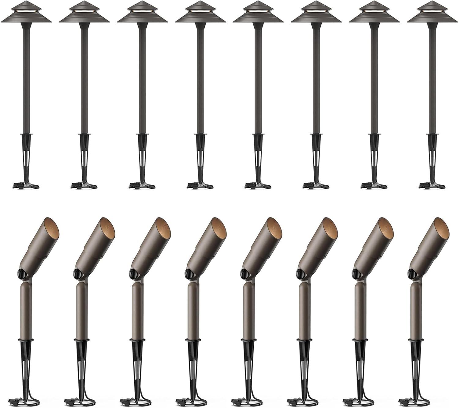 GOODSMANN Landscape Lighting Low Voltage Path Lights 8PK 3W 180 Lumen Pathway Lights with 8PK Spotlight 20W Halogen 176 Lumens with Metal Stake Cable Connector