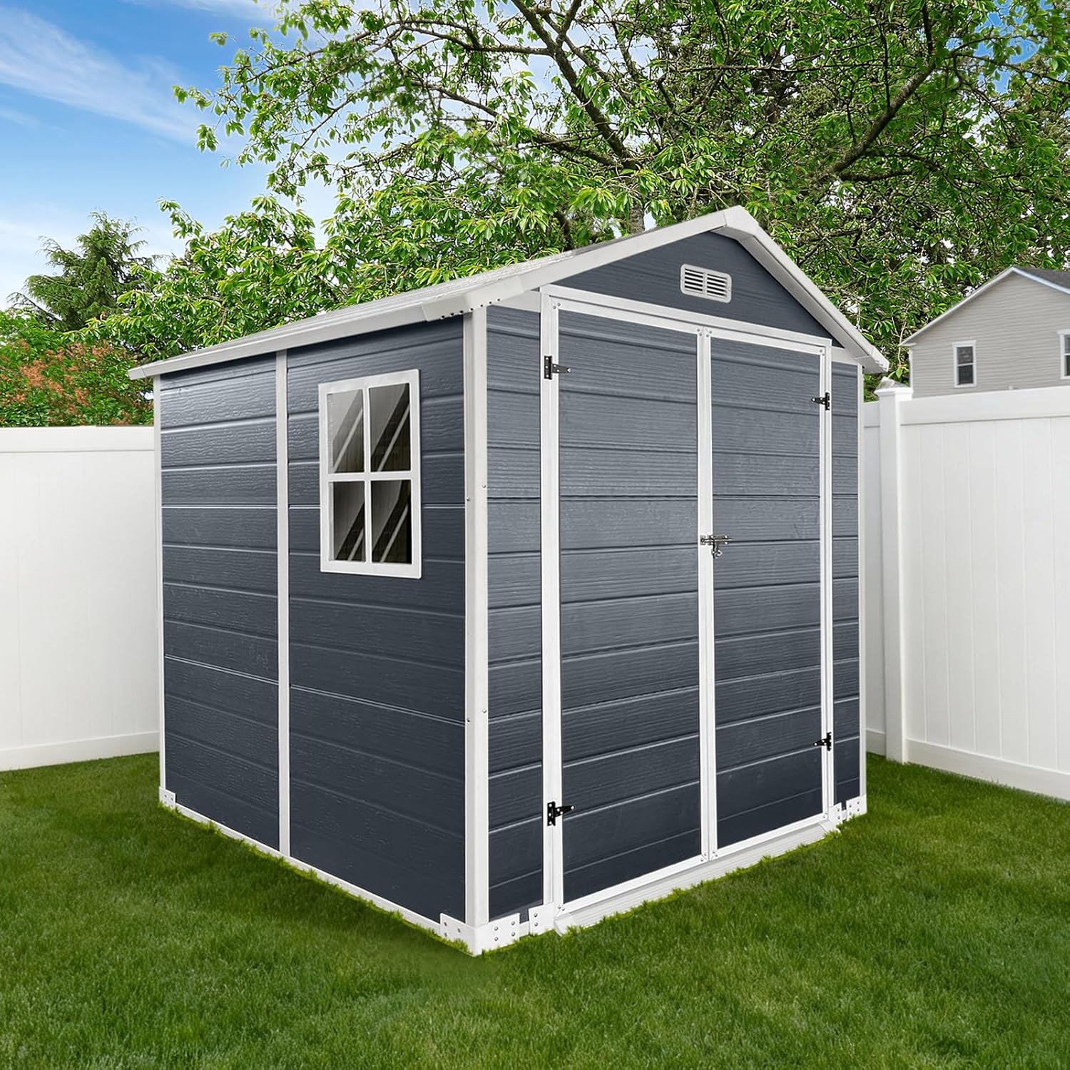 6ft x 6ft Plastic Outdoor Storage with Floor and Lockable Door – Durable Garden Shed for Backyard, Lawn, Patio in Cold Grey