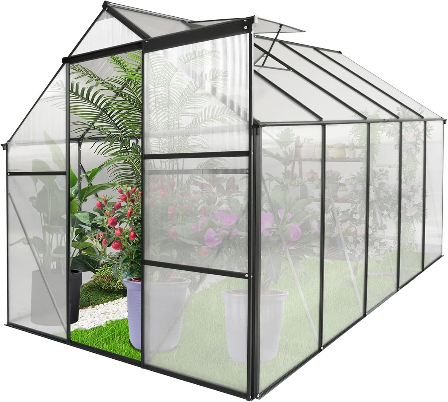6x10 FT Greenhouse for Outdoors, Polycarbonate Green House with Sliding Door and Roof Vent, Aluminum Frame Heavy Duty Walk-in Greenhouse for Outside Garden Backyard