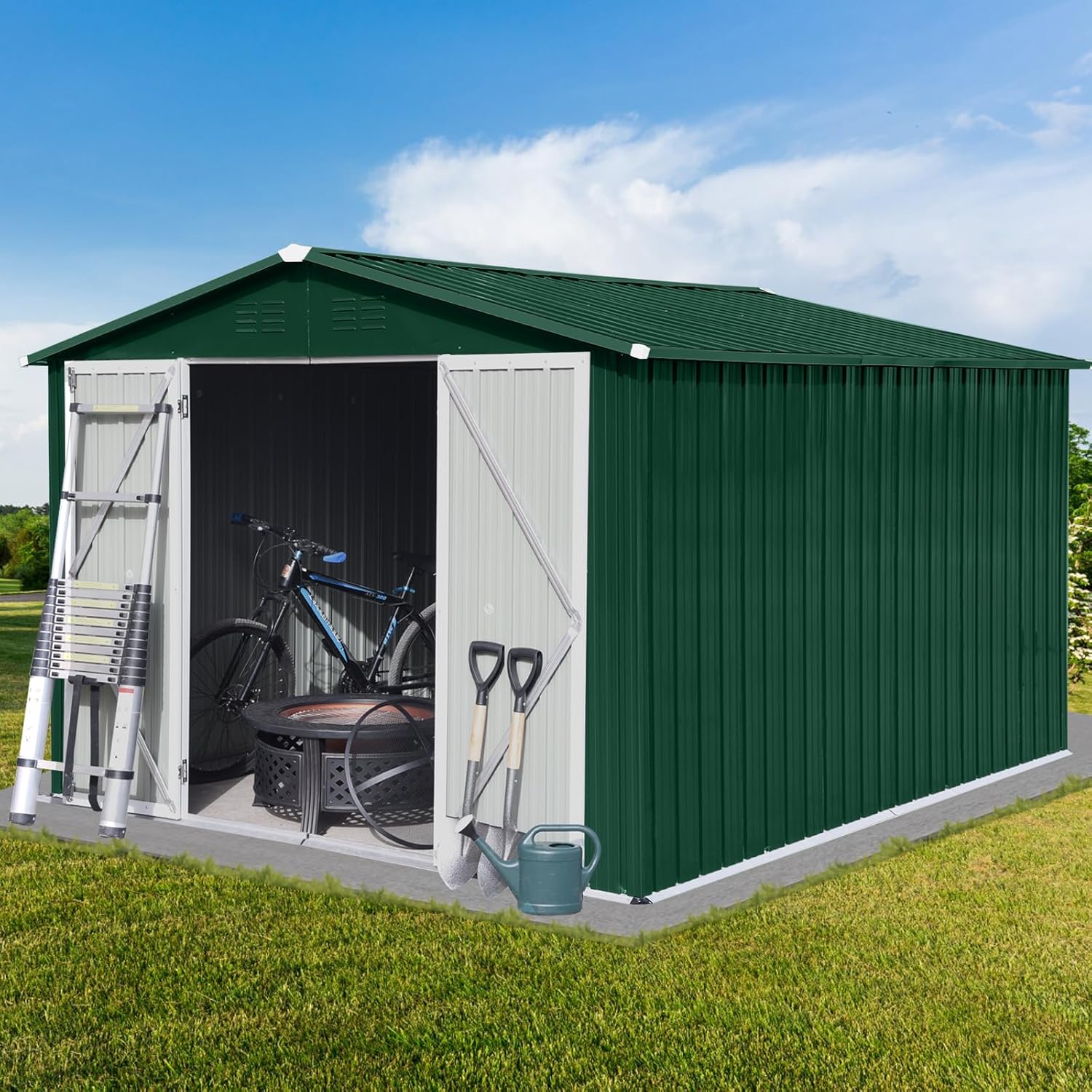 WILLIAMSPACE 10 x 8 FT Outdoor Steel Storage Shed, All Weather Metal Sheds with Lockable Door & 2 Vents, Patio Furniture Storage House for Garden, Backyard, Barn and Tool Storage - Green+White