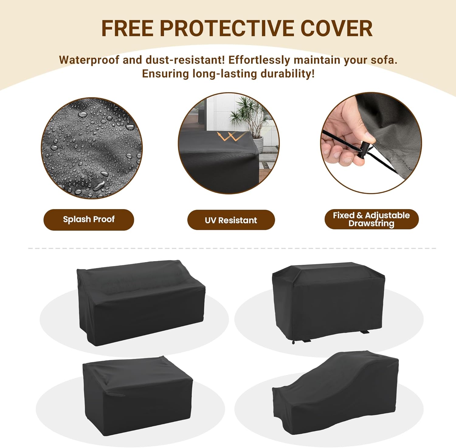 Patio Furniture Set with 44'' Propane Gas Firepit Table, 8 PCS Outdoor Sectional Conversation Sets with High Back, Navy Blue (Waterproof Cover Included)