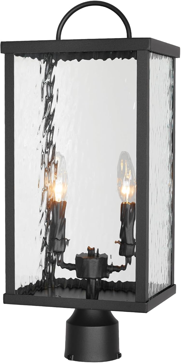 Outdoor Post Light Fixture, Modern Black Pole Lantern with Water Ripple Glass, Farmhouse Exterior Post Cap Lamp with E12 Sockets for Garden, Pathway, Courtyard, Patio, Porch, Driveway, Street