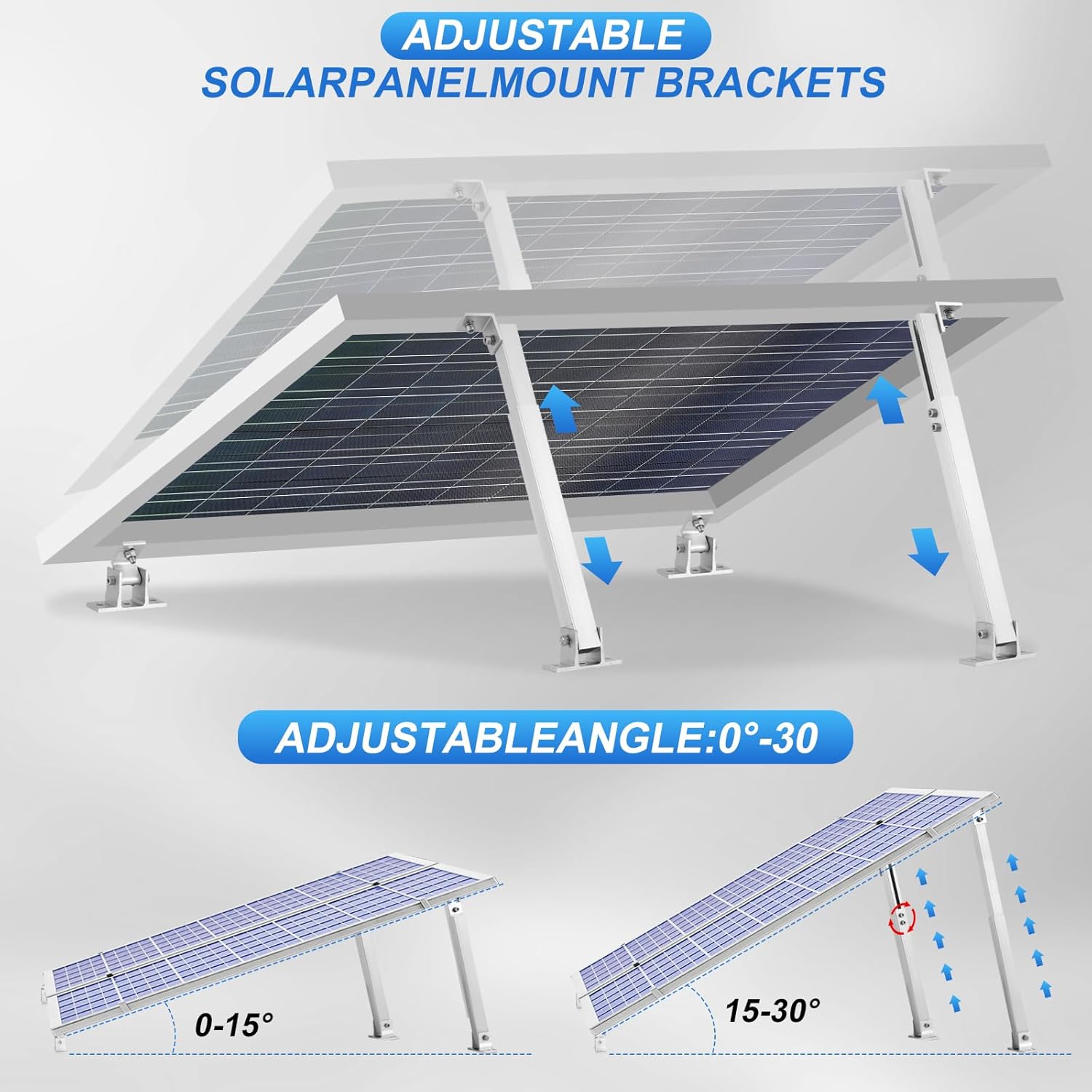 4 Pcs Adjustable Aluminum Alloy Solar Panel Tilt Mount Brackets for 50–400 W Panels on RV, Boat, Roof, Flat Surface & Wall (14–27″ Arms, 15°–30° Tilt)