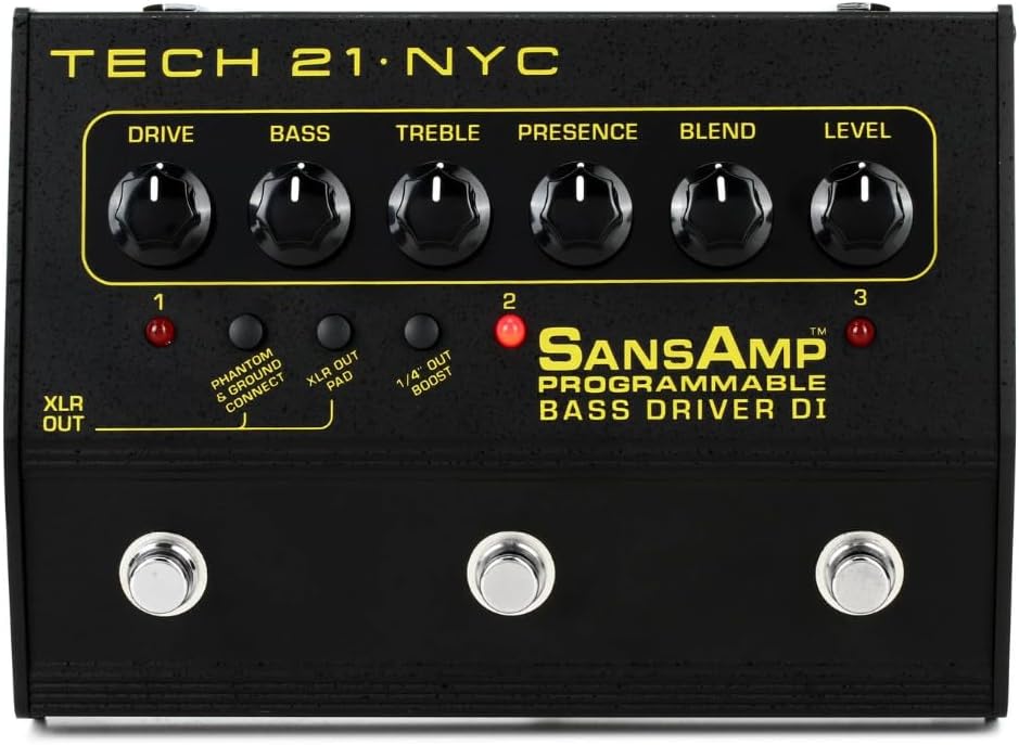 Tech 21 PBDR SansAmp Programmable Bass Driver DI 3-Channel Bundle w/ 2X Strukture S6P48 Woven Right Angle Patch Cables, 12x Fender Picks and Liquid Audio Polishing Cloth
