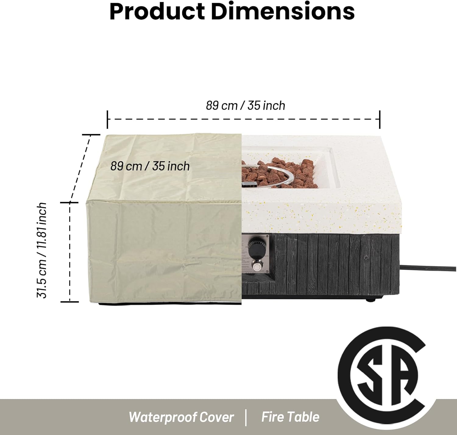 35inch Square Outdoor Propane Fire Pit Table-Black & White Finish,50000 BTU Auto-Ignition,CSA Certified,with Lava Rocks & Waterproof Cover for Patio,Garden,Deck