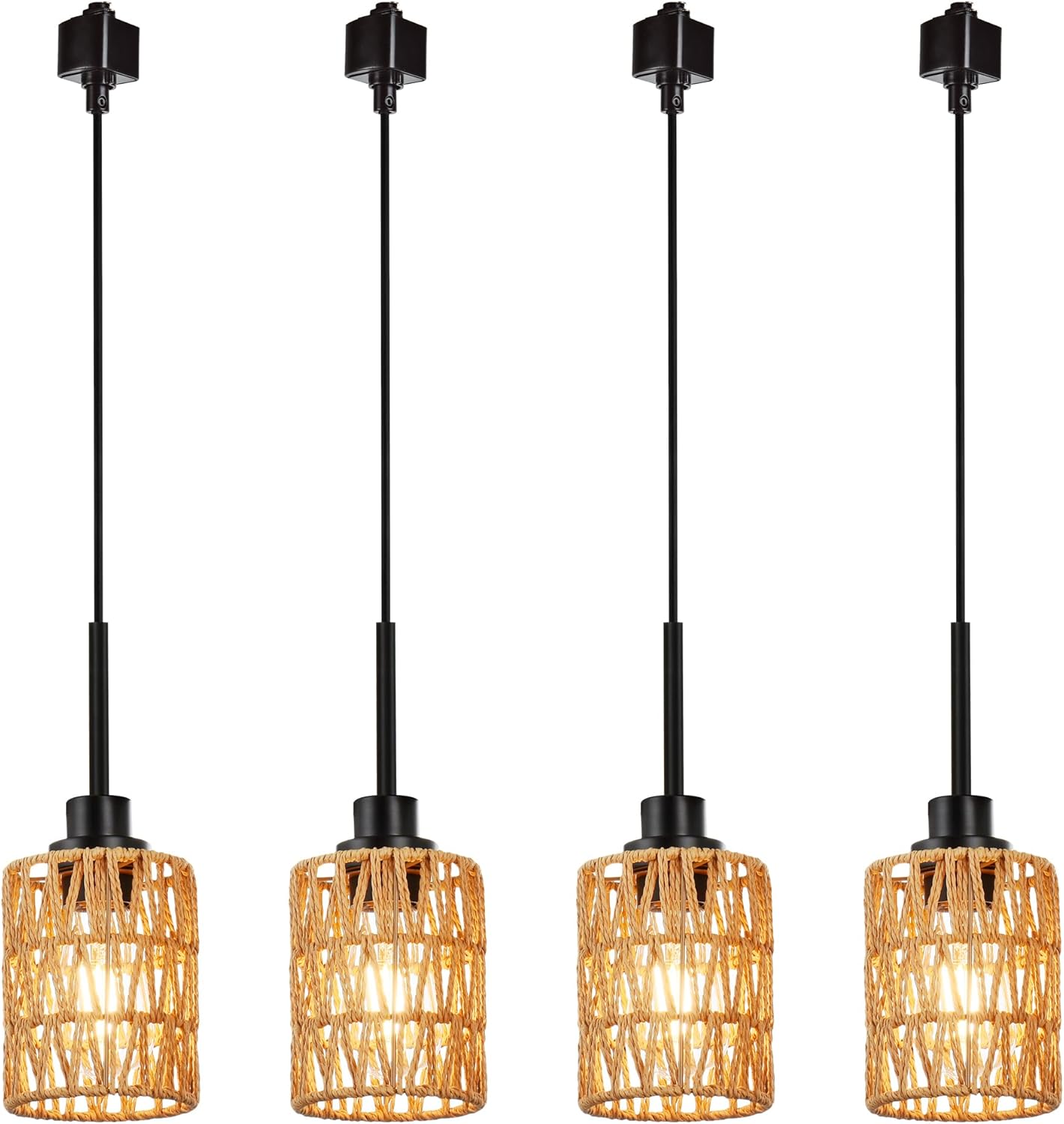 MELUCEE 4 Packs H-Type Track Hanging Light Black Ceiling Track Lighting Fixtures Rattan Pendant Light for Kitchen Island Dining Room Restaurant, Compatible with H Type Track Lighting Rail, E26 Socket