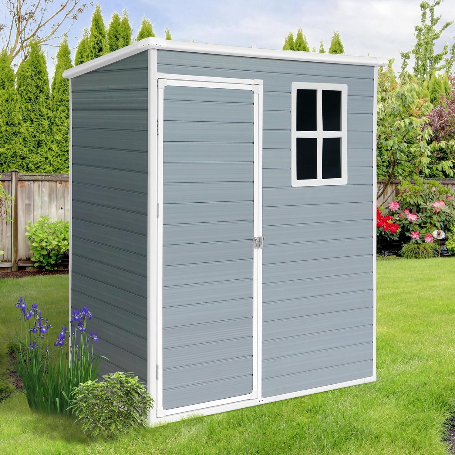 JT 5×3ft Resin Outdoor Storage Shed,Outdoor Storage Shed with Floor & Window to Store Patio Furniture, Garden Tools Bike Accessories, Beach Chairs and Lawn Mower. (Grey, 5ft*3ft)
