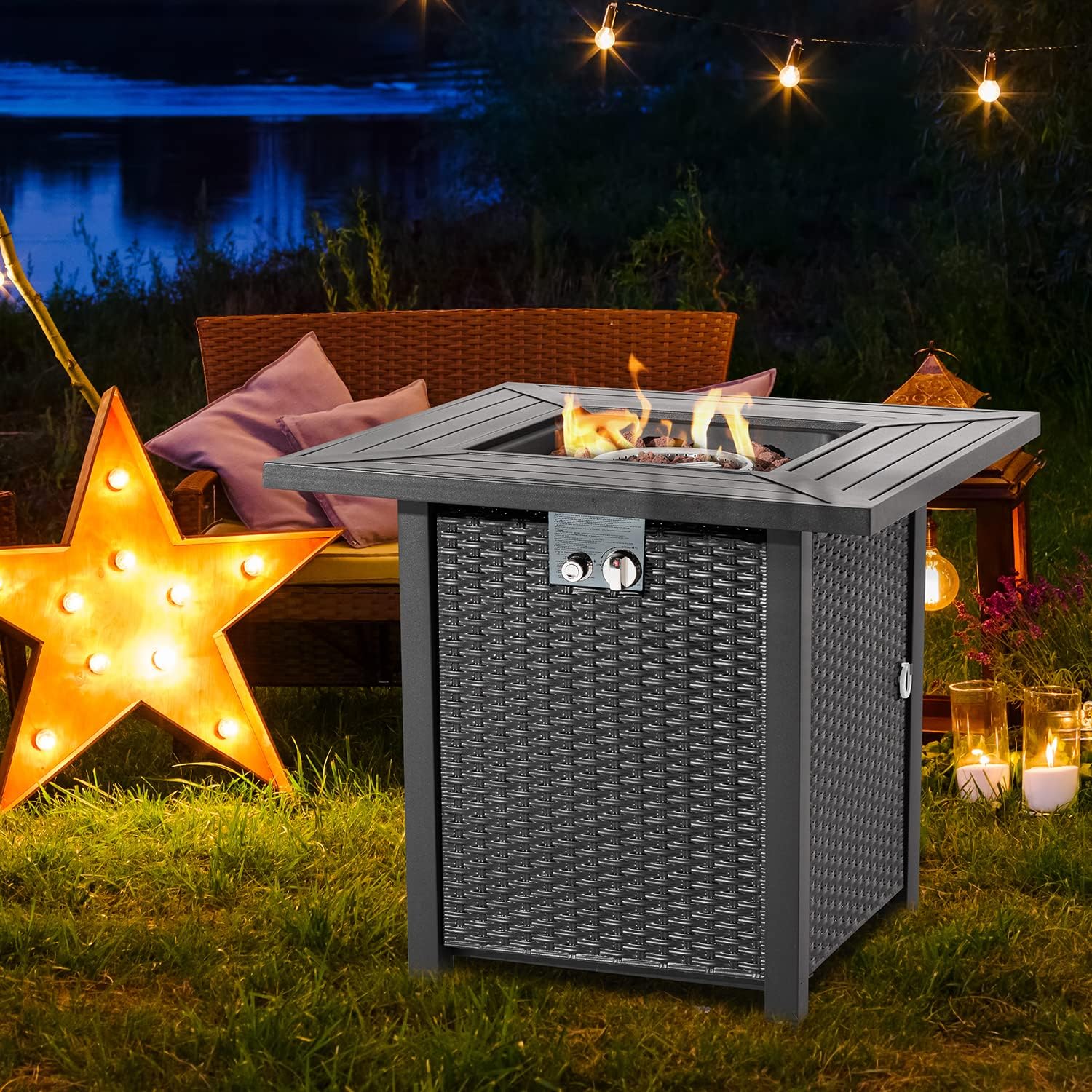 Outdoor Propane Fire Pit Table, 31 Inch 40,000BTU Black Brown Square Iron Gas Fire Table w Lid, Lava Rocks, Cover