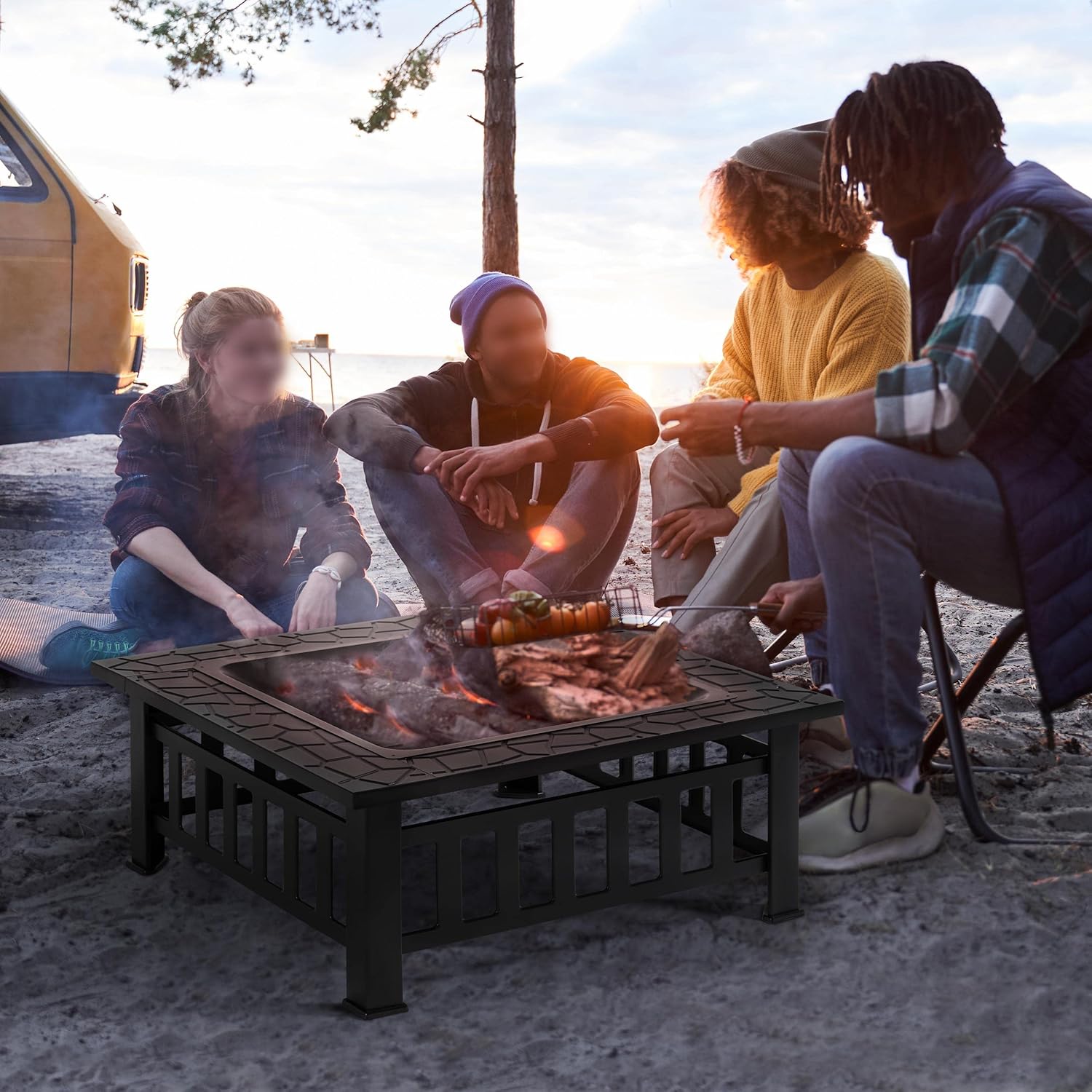 Topeakmart Outdoor Fire Pit Wood Burning 32in Multifunctional Firepits Table Patio Stove with Waterproof Cover, Spark Screen, Poker, Large Square Fire Pits for Outside Garden Camping