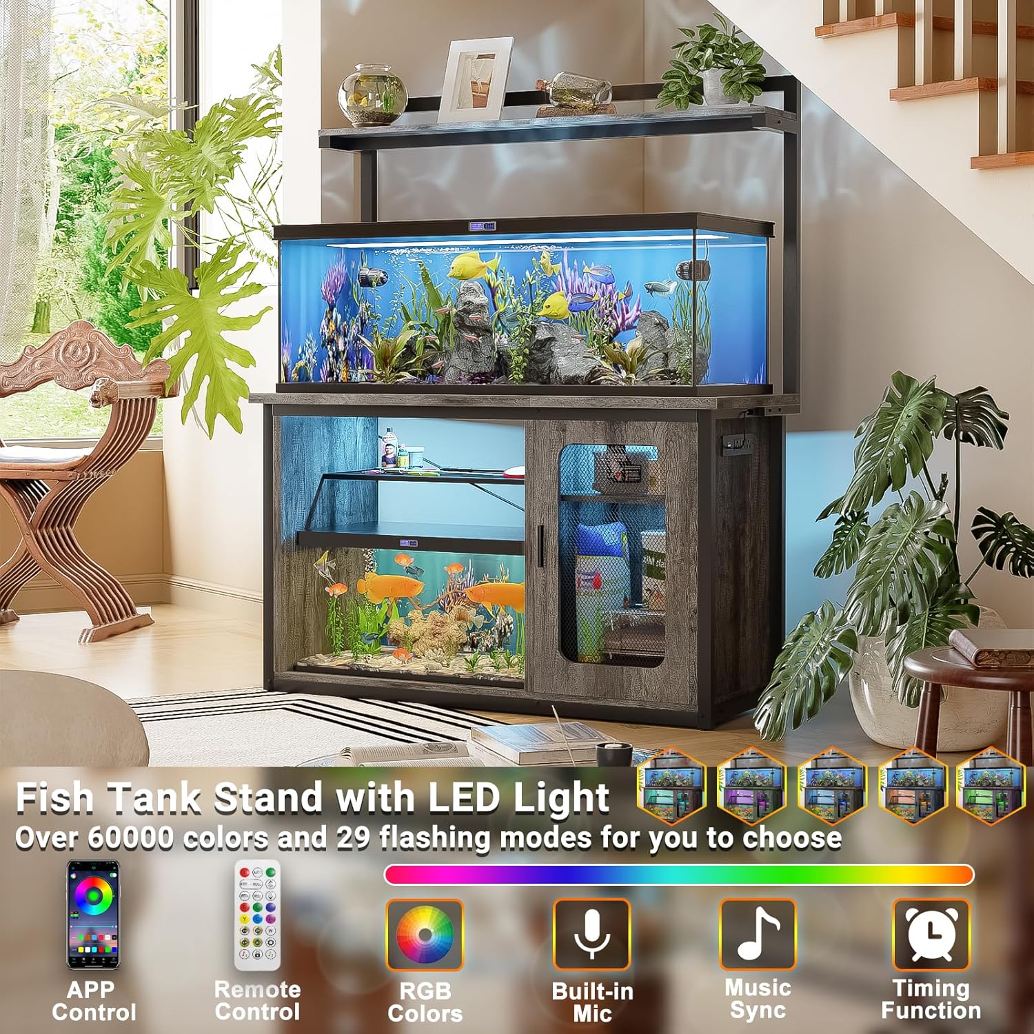 Unikito 55-75 Gallon Fish Tank Stand with Power Outlets & LED Light, Heavy Duty Aquarium Stand with Reversible Cabinet for Tank Accessory Storage, Reptile/Terrarium Stand, Black Oak