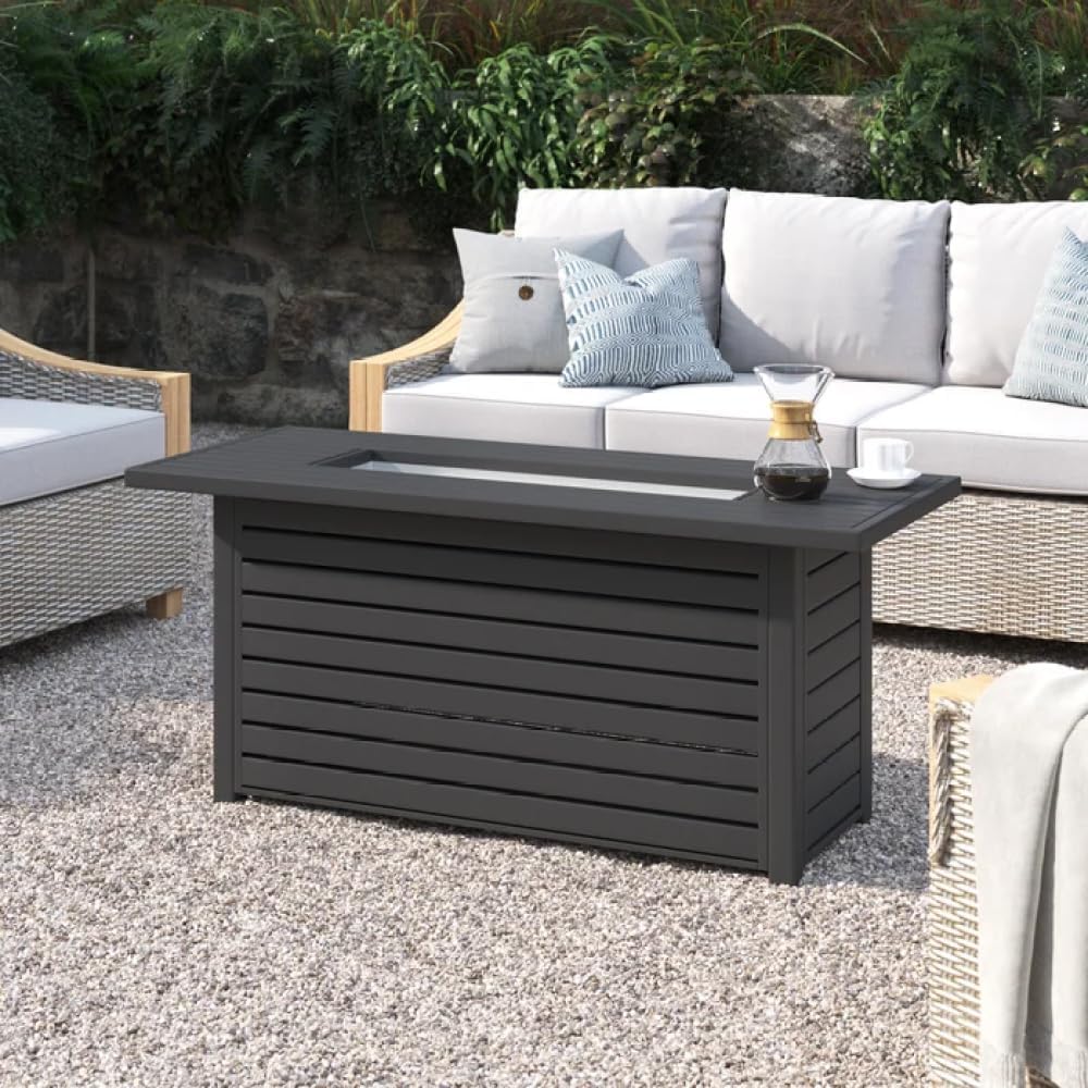 Modern 54 Inch Steel Outdoor Fire Pit Table with Weather-Resistant Finish and Lava Rocks for Patio or Deck