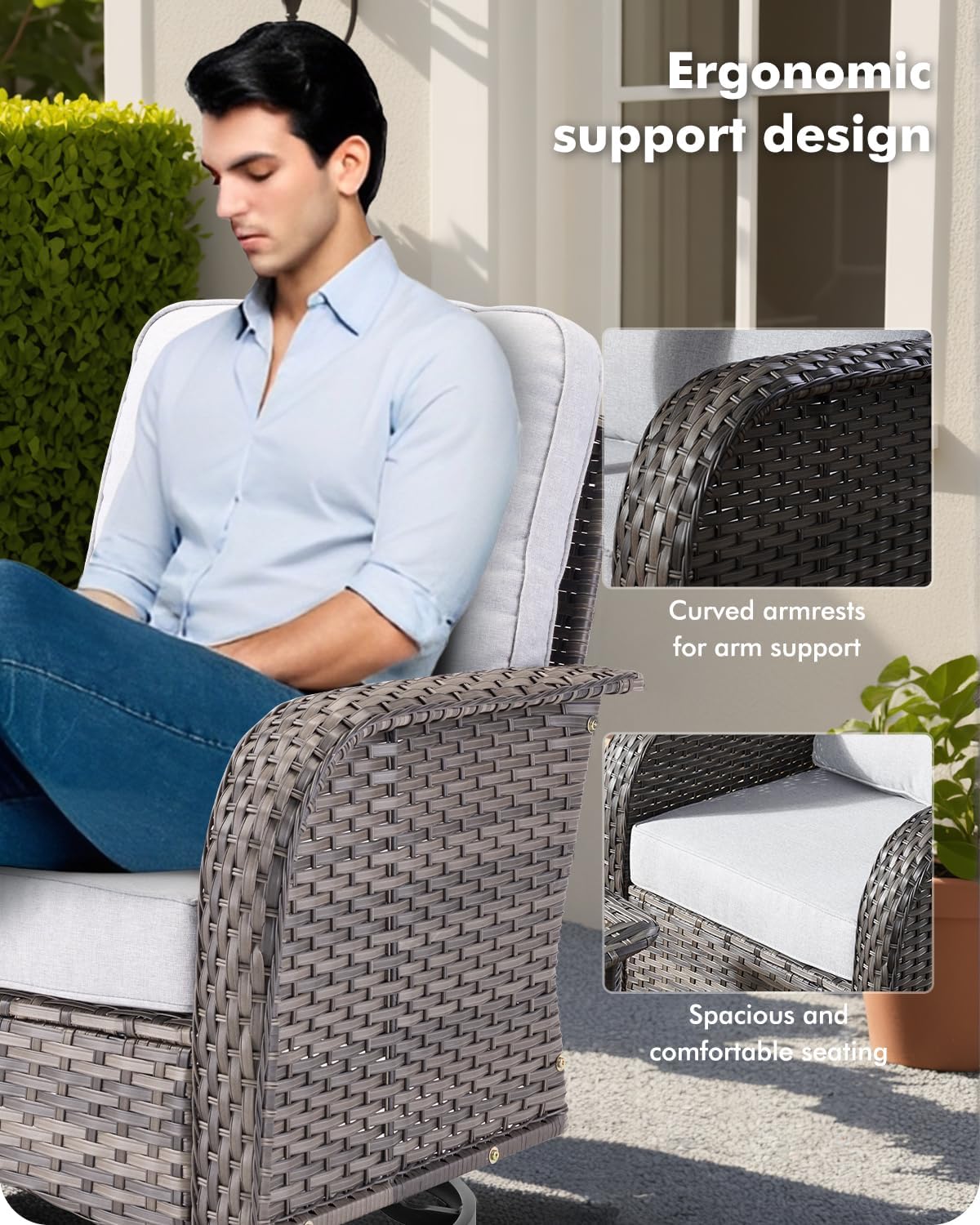 5 Pieces Patio Furniture Set,Outdoor Furniture with Rockers, Rattan Conversation Sets w/Coffee Table, Grey Wicker Light Grey Cushion