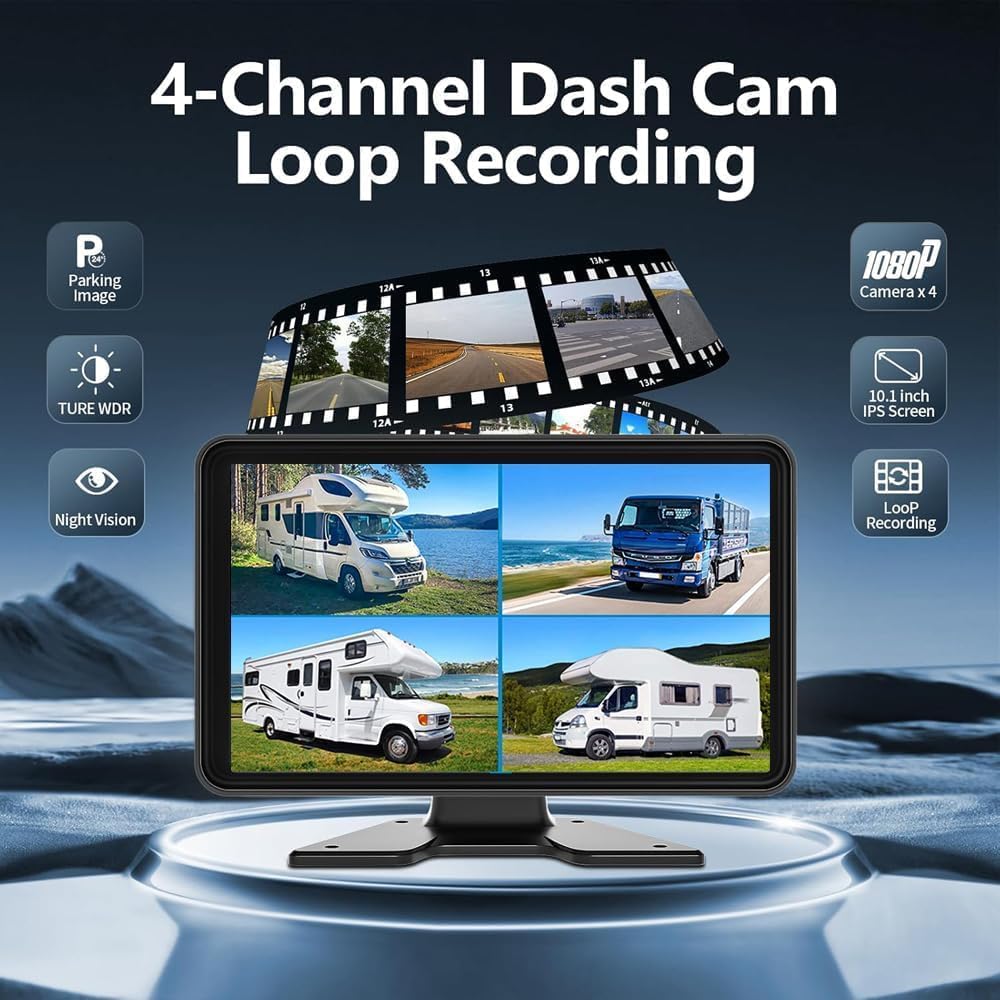 10.1'' Touch Screen 4CH 1080P Car Dash Cam DVR Backup Camera System FM Radio Built-in Speaker Wireless Apple CarPlay Android Auto Link Audio Output Playback for Truck Caravan Trailer Motorhome RV