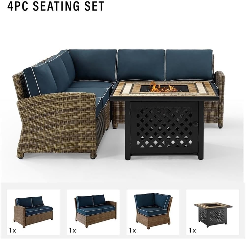 4-Piece Wicker/Rattan Fire Pit Sectional Set in Navy/Brown