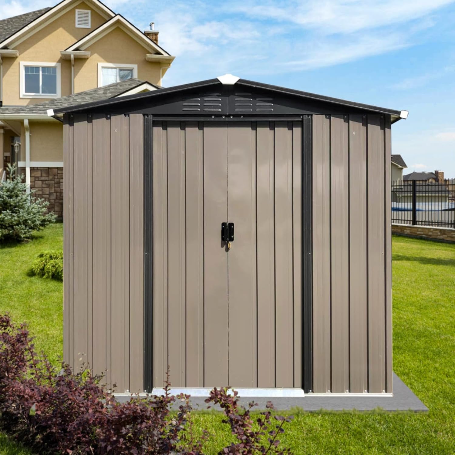 6 * 4FT Outdoor Metal Storage Sheds with Apex Roof and Sliding Doors for Backyard & Garden Tools, Lawn, Patio, Multifunction Tool House with Lockable Doors, Brown