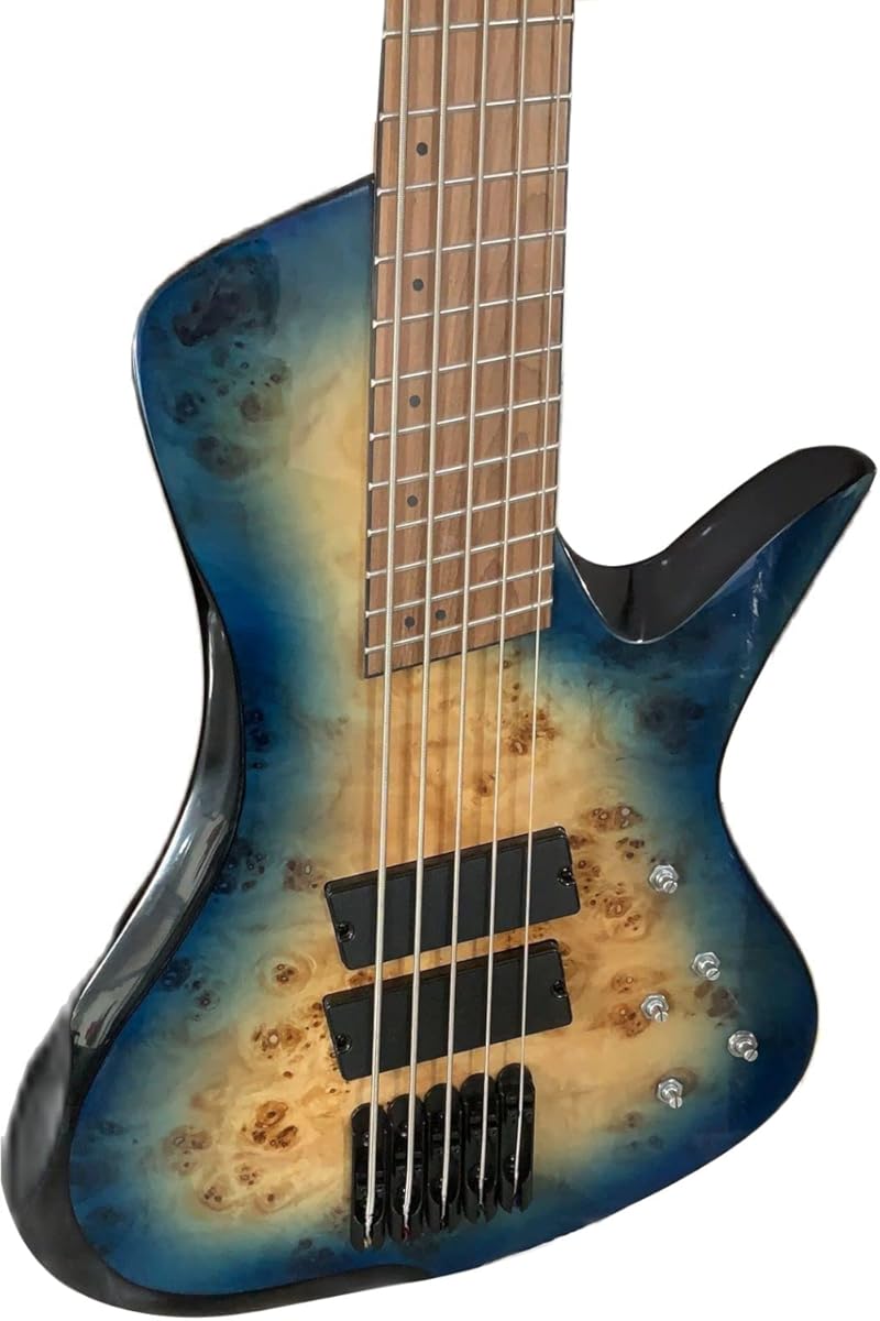 Electric Bass Guitar, Upgrade 5 String Fanned Fret Blue Burst Electric Bass Guitar, Basswood Body, Roasted Maple Neck Fingerboard