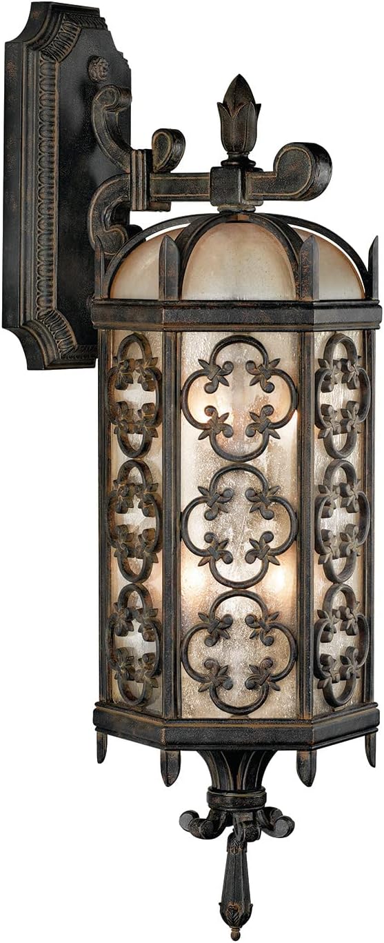 338381, Costa del Sol Glass Wall Sconce Light, 3 Light, 60 Watts, Wrought Iron