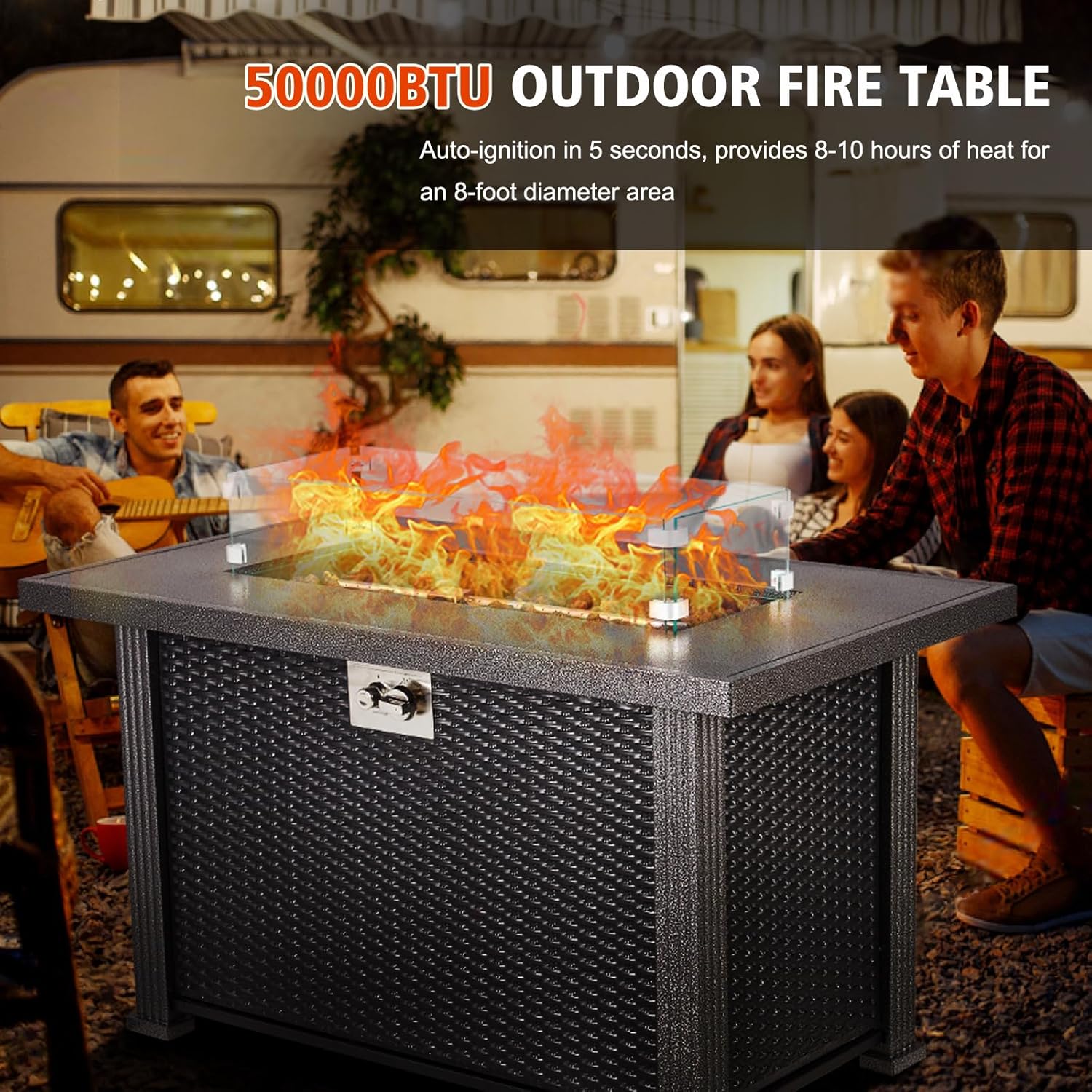 Outdoor Fire Table, 44 inch Rectangle Propane Gas Fire Pit Table, 50,000 BTU Modern Firepit with Wind Guard, Lava Rock, Rain Cover