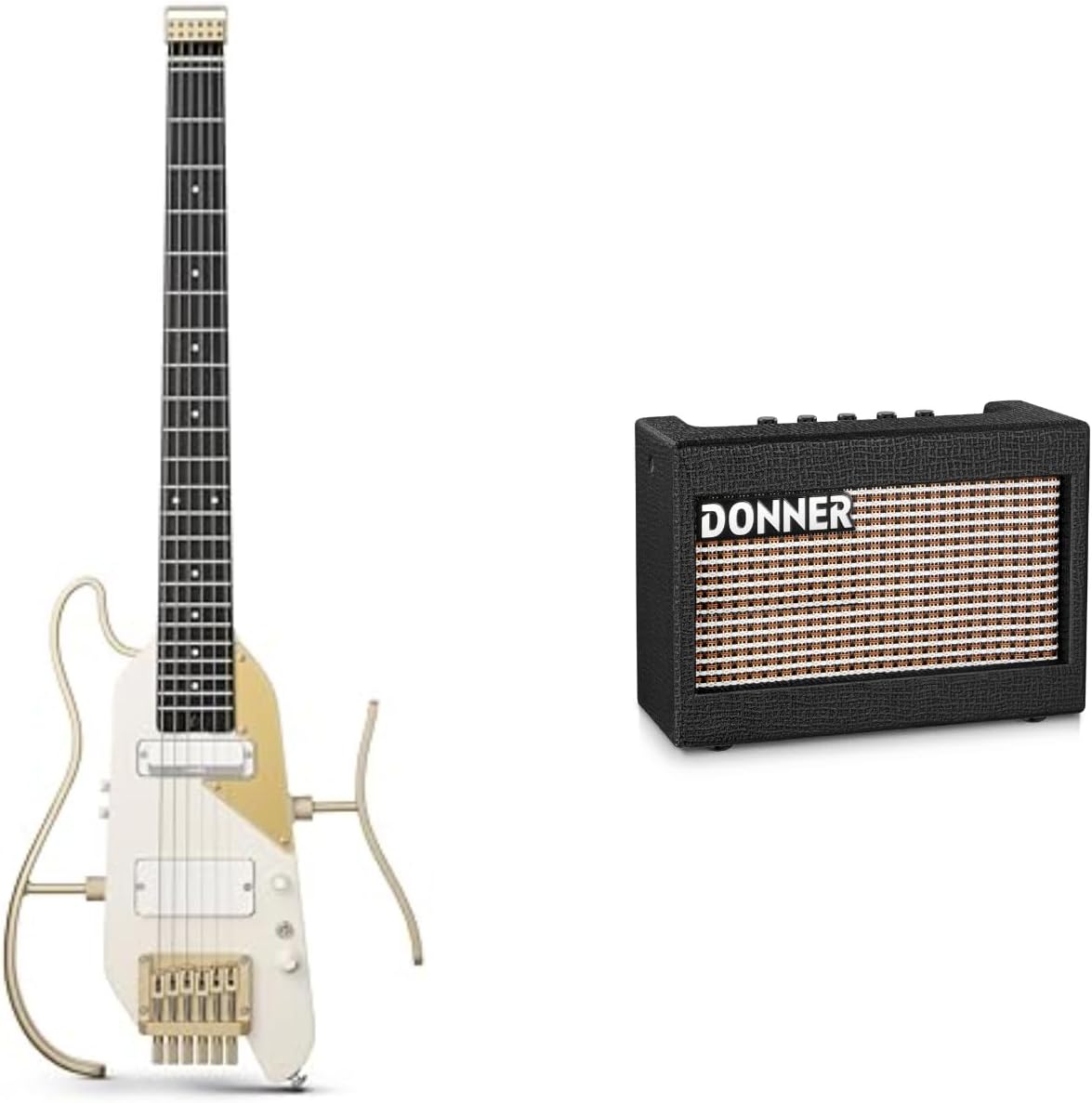 Donner HUSH X PRO Electric Guitar Kit - Smart Travel Guitar with Dozens of Preset Combinations, 7 Tone Sim Options, White-Luxe and Donner Mini Electric Guitar Amp Wooden 5W Small amplifier