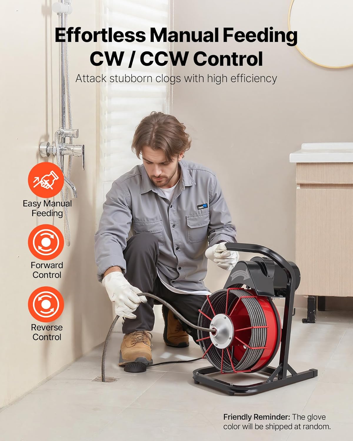 VEVOR Drain Cleaner Machine 75 FT x 1/2 Inch, Sewer Snake Auger Manual Feed with 4 Cutters & Air-activated Foot Switch for 2