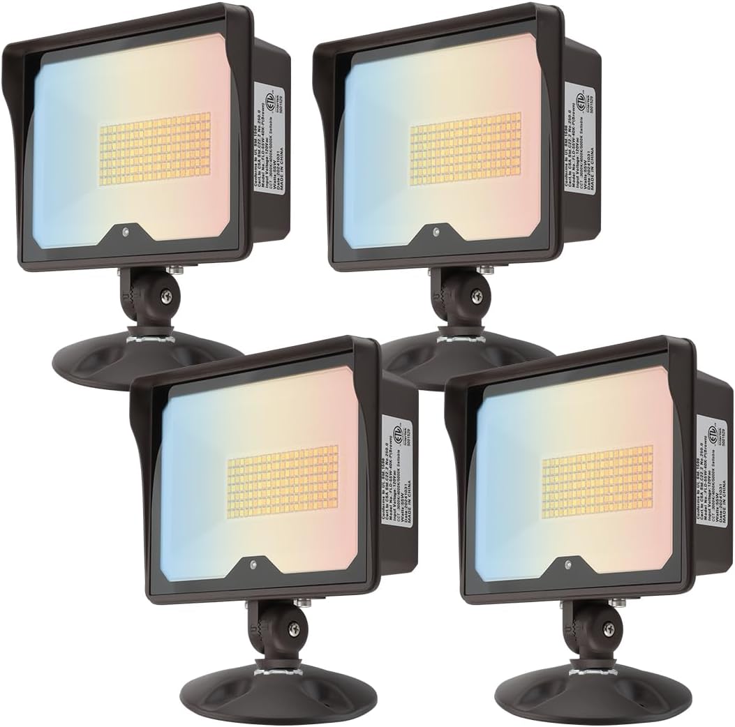 kadision 55W LED Flood Light with Dusk-to-Dawn Photocell, 3000K/4000K/5000K Selectable, 120V 6600lm IP65 Waterproof Knuckle Mount Outdoor Security Lights, ETL Listed, 4-Pack