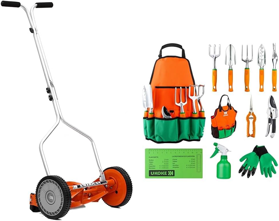 American Lawn Mower 1204-14 14-Inch Push Reel Lawn Mower Bundle with UKOKE 12-Piece Aluminum Hand Tool Gardening Kit