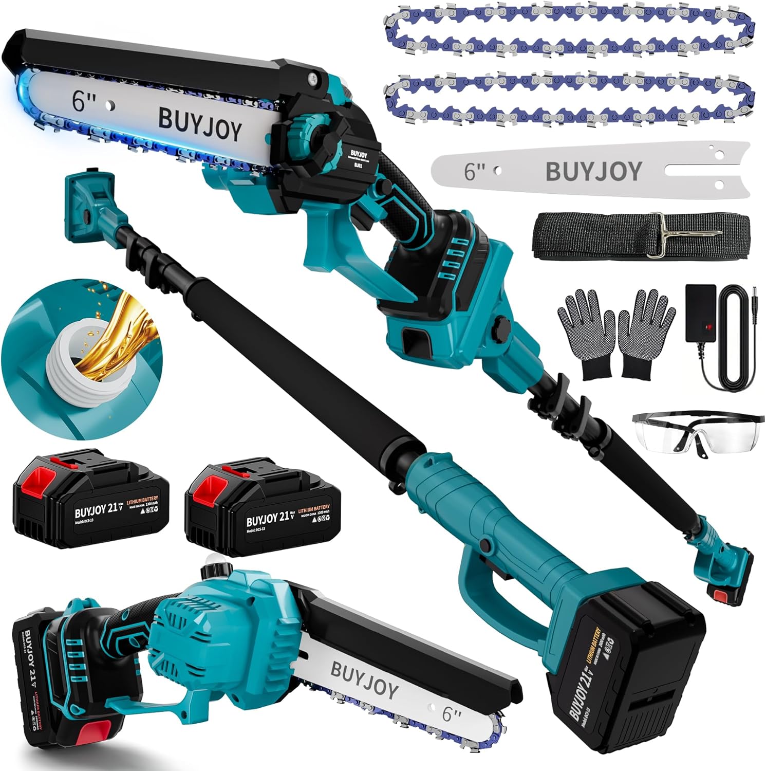 2-in-1 Cordless 6 in Pole Saw for Tree Trimming,15.5 ft Extended Reach Electric Saw with 180° Adjustable Head, Brushless Motor, 2 x 1300 Ah High-Capacity Batteries & Extra Chain