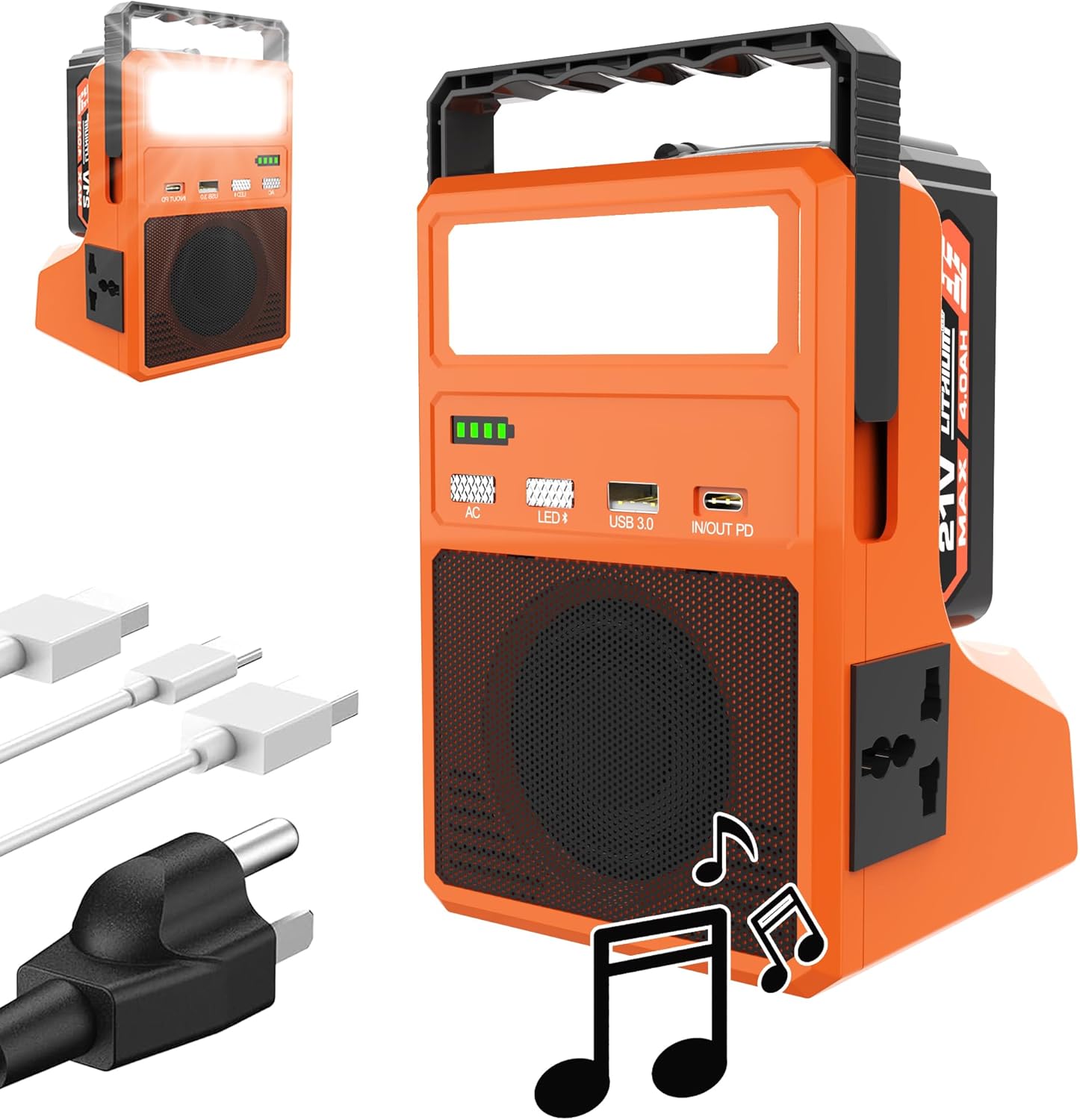 300W Power Inverter with Bluetooth Speaker, Battery Inverter for Makita 18V Battery with 21V 4.0Ah Battery Included, 110V AC Outlet, 1 × USB 3.0 Port, 32W PD Type-C, LED Light for Camping & Emergency