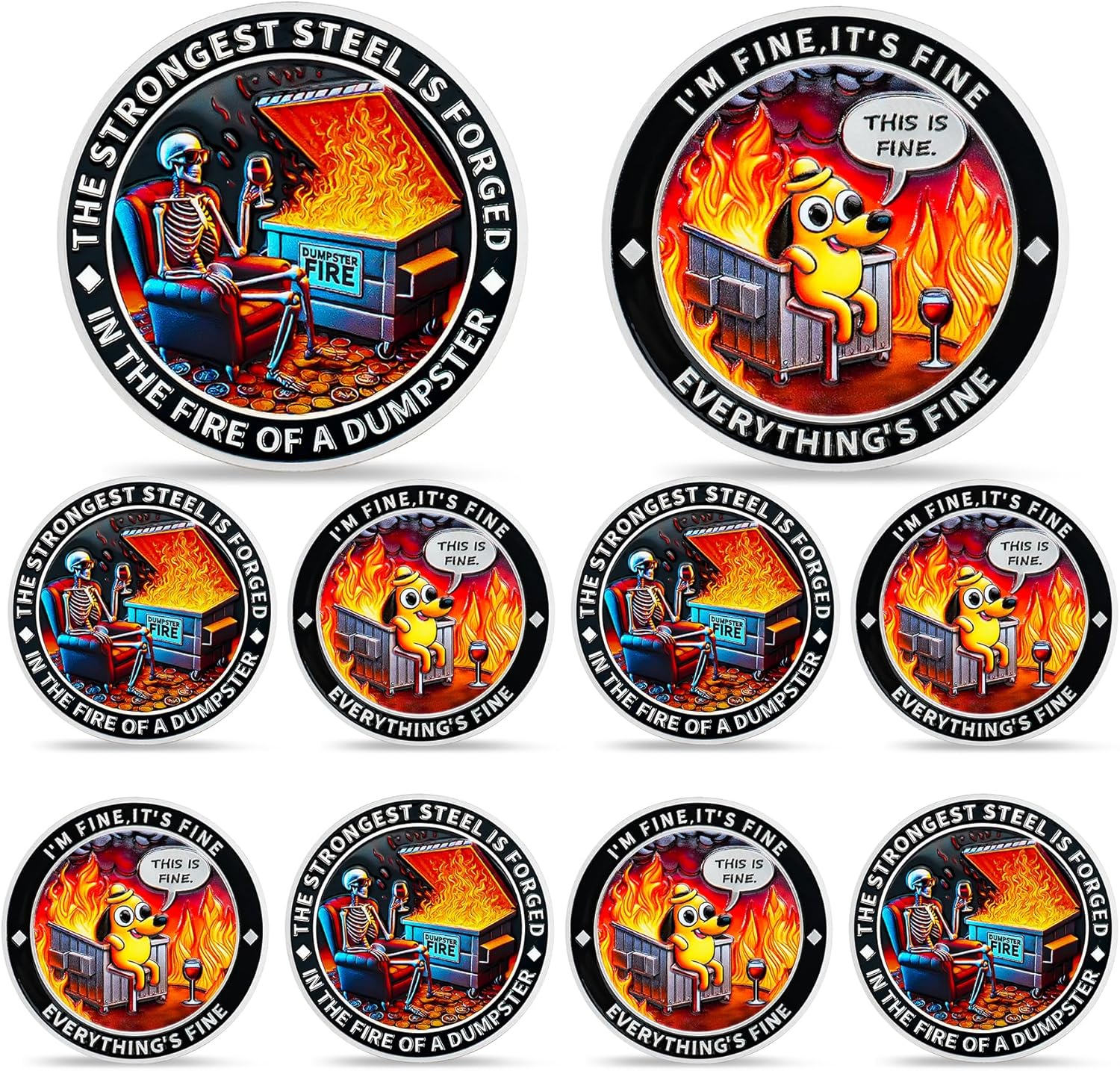 10PCS Skull Dumpster Fire Challenge Coin - The Strongest Steel is Forged Dumpster Fire Coin - Emotional Support This is Fine Chip - Funny Desk Accessories for Work - Inspirational Gifts for Men Women