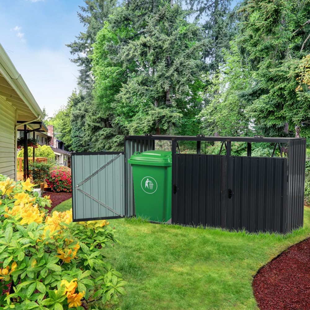 Metal Garbage Bin Shed for Outdoor Use - Durable Galvanized Steel Storage Cover for Garden, Yard, or Lawn with Ventilated Design (Charcoal + 3 Doors)