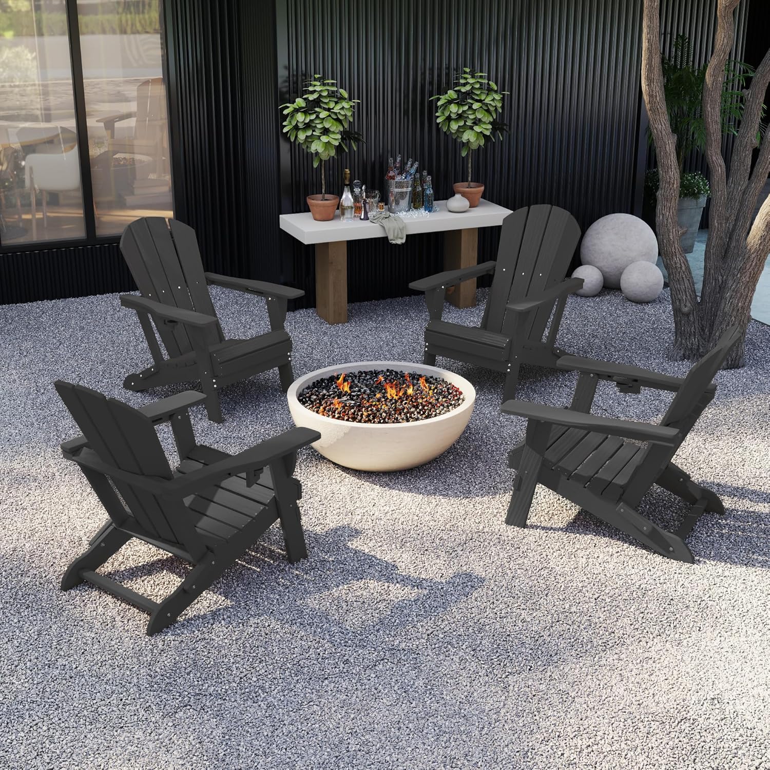 GLANC Folding Adirondack Chair Set of 2, HDPE All-Weather Outdoor Patio Fire Pit Chairs Lawn Chair for Poolside Backyard Deck Balcony, Wooden Textured with Cup Holder, 380LBS Capacity (Black)