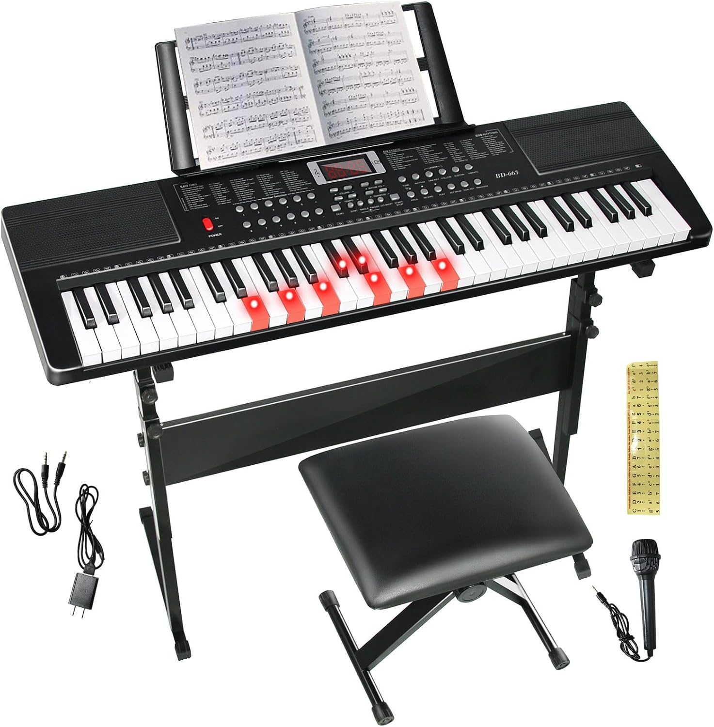 Keyboard Piano 61 Key Electric Piano Keyboard for Beginners/Professional, Portable Light Up Music Keyboard Built-in Dual Speakers with LED Display, Music Stand, Stand, Microphone, Bench (A)