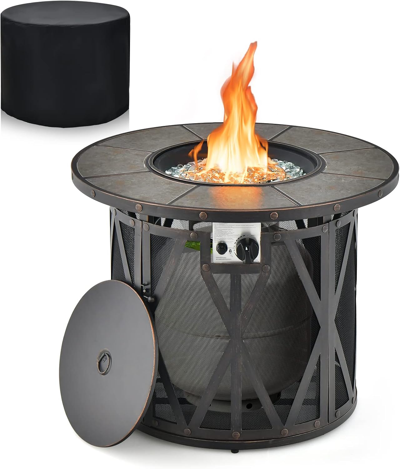 COSTWAY 32 Inch Outdoor Fire Pit Table, 30,000 BTU Round Metal Fire Table with Lid & PVC Cover & Glass Stones, CSA Approved, Fire Pit Table for Patio Garden Backyard Deck