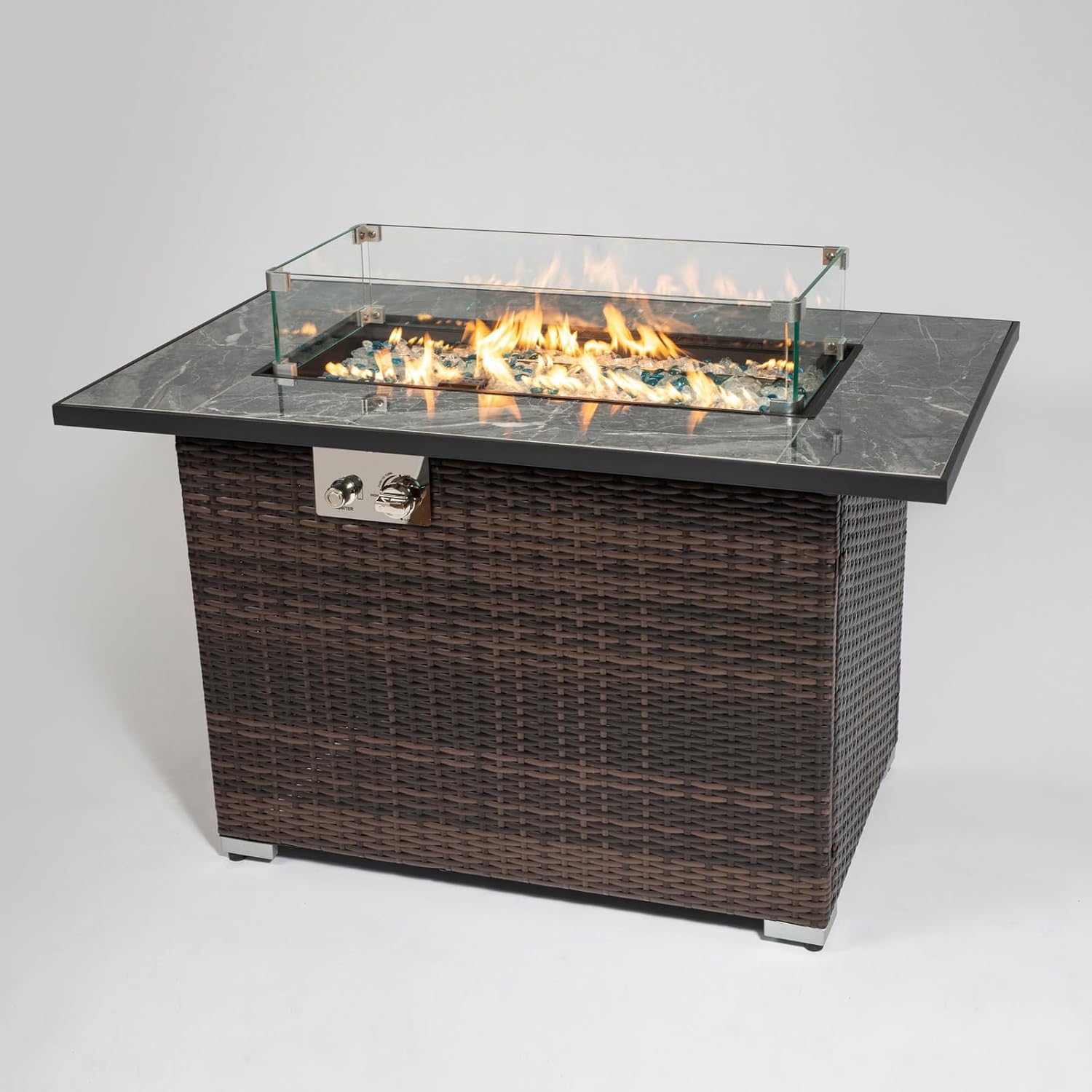 Penau 44inch Outdoor Fire Pit Table, Propane Fire Table with Ceramic Tabletop, 50000BTU Gas Fire Pit with Glass Rocks